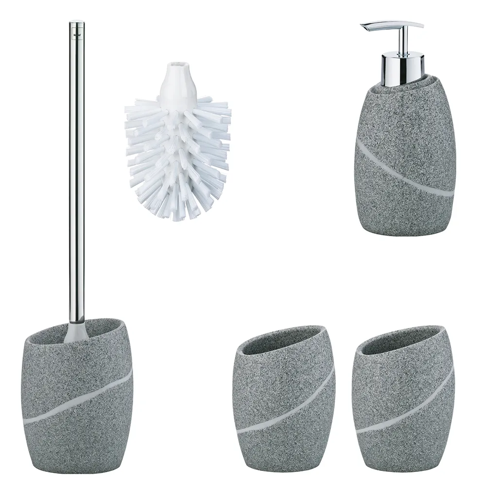 Grau meliertes Badezimmer-Set mit Toilettenbürste, Seifenspender und drei Becher aus strukturiertem Material