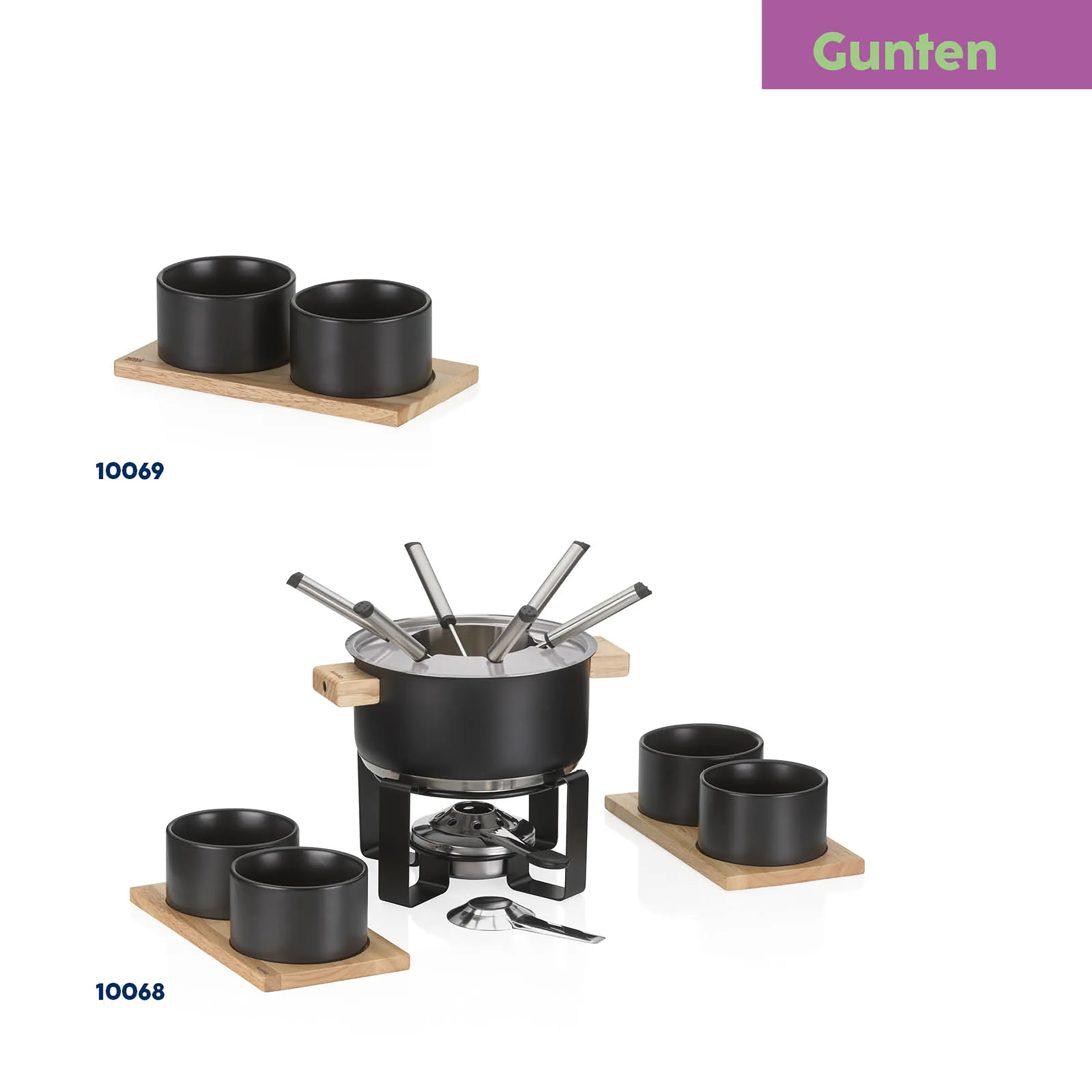 Gunten Fondue-Set mit Keramikschälchen auf Holzbrett - Komplettes Fondue-Geschirr Schwarze Keramikschälchen auf Holzbrett, Fondue-Set mit Topf, Brenner und Gabeln der Gunten Kollektion