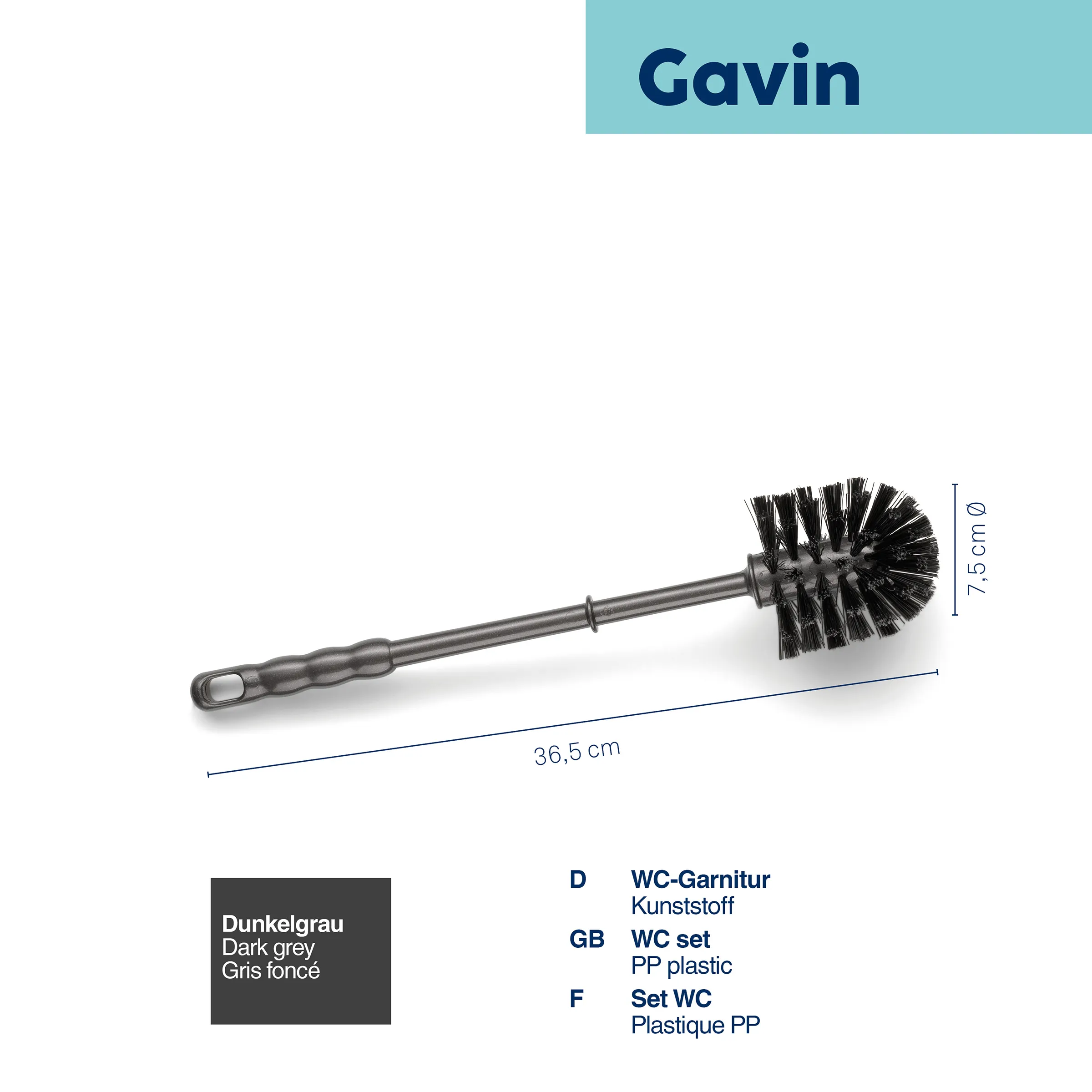 Gavin WC-Garnitur aus dunkelgrauem Kunststoff mit Bürste, 36,5 cm lang und 7,5 cm breiter Bürstenkopf