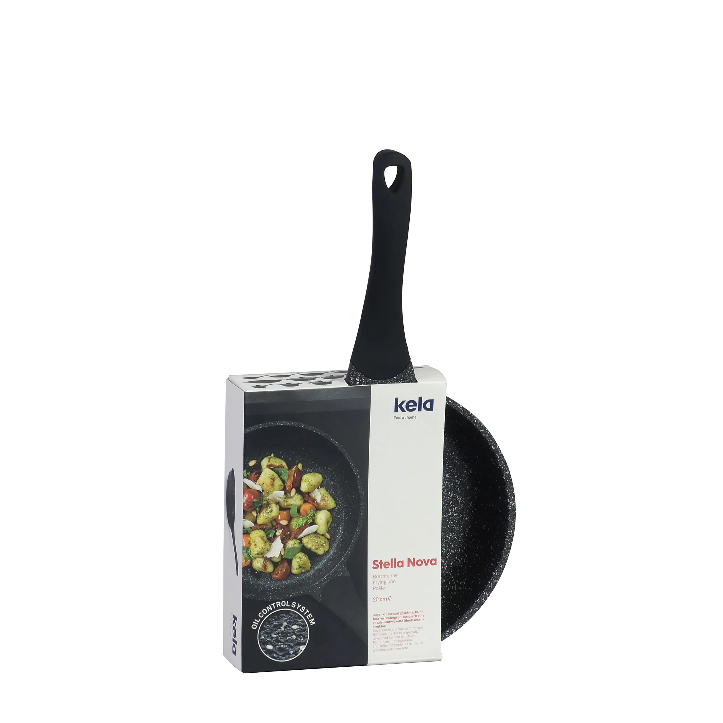 Kela Stella Nova Bratpfanne 20cm - Antihaft Pfanne Kela Stella Nova Bratpfanne 20 cm mit schwarzem Griff und Verpackung, Gemüse darin