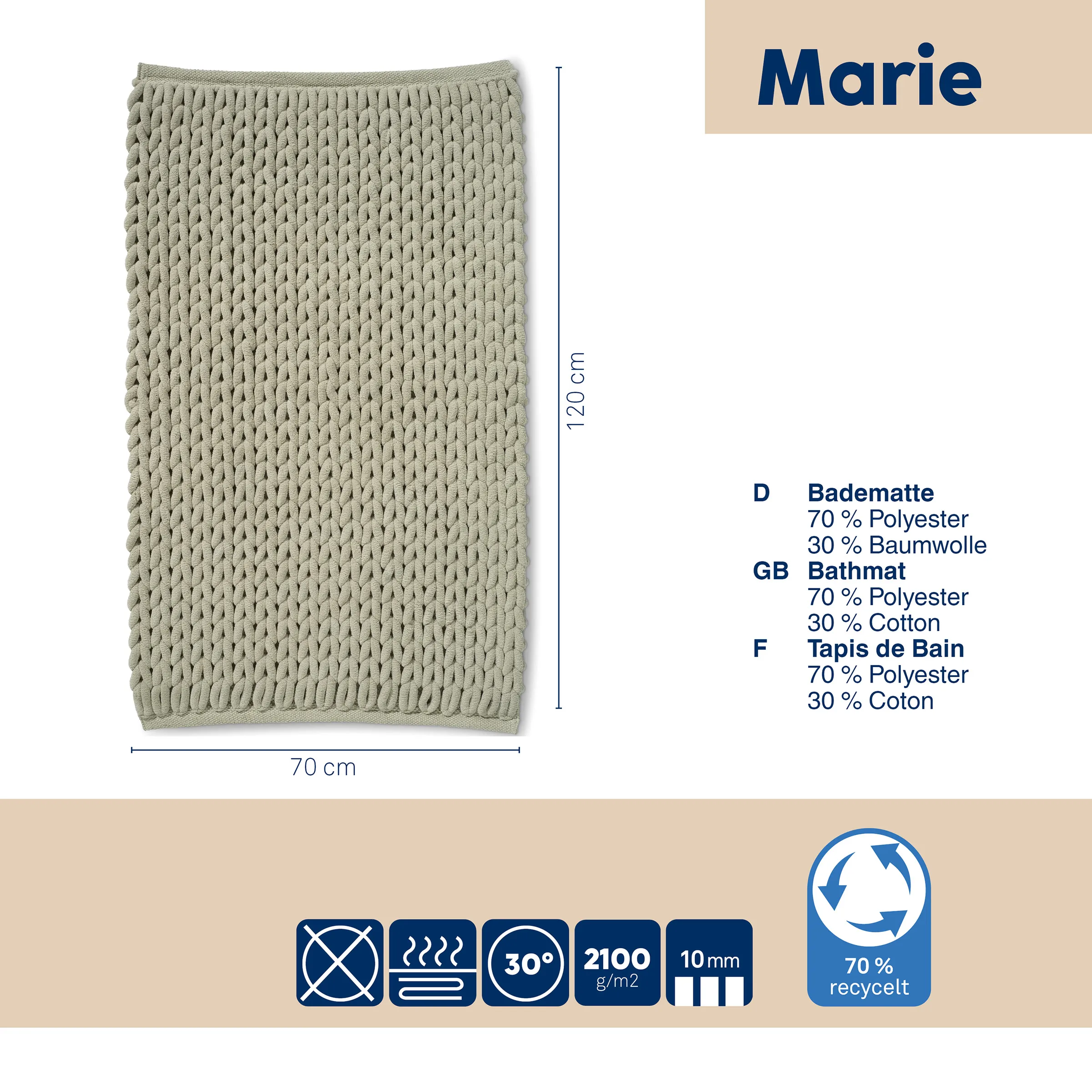 Marie Badematte in Salbeigrün, 70x120 cm, gewebte Struktur, 70% Polyester 30% Baumwolle, 70% recycelt