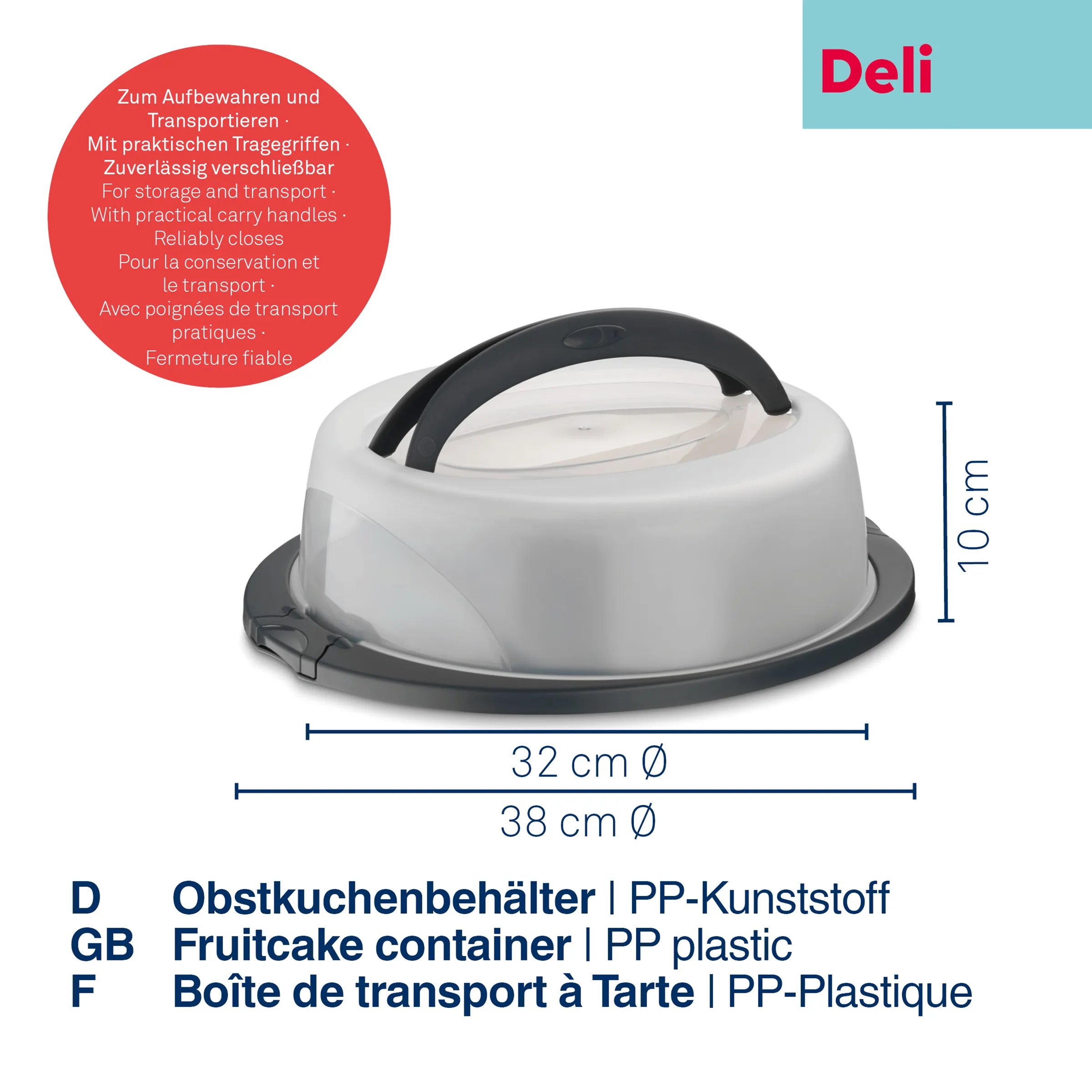 Weißer Obstkuchenbehälter aus PP-Kunststoff mit schwarzem Tragegriff und Deckel, 38 cm Durchmesser, 10 cm Höhe