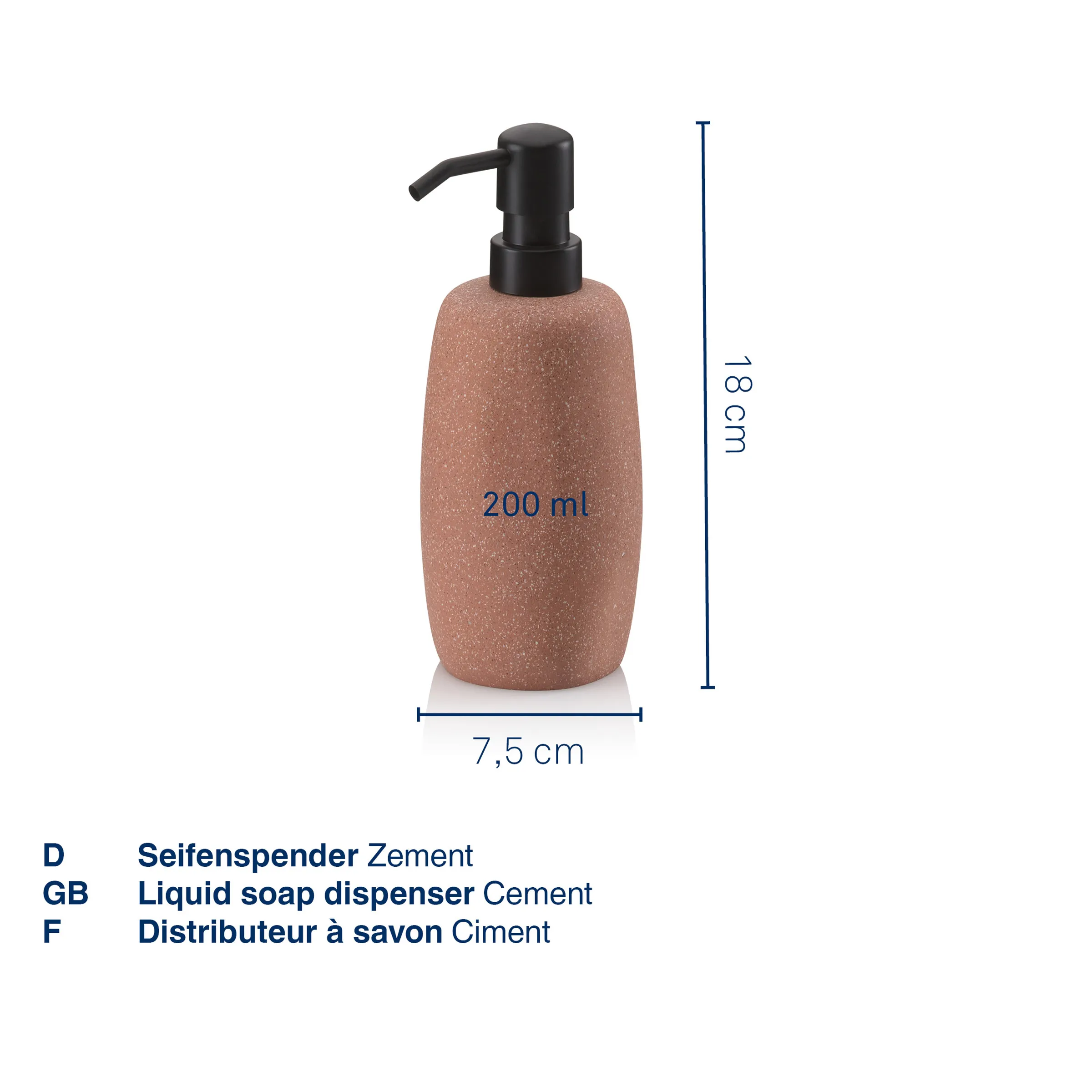 Seifenspender Zement Terracotta 200ml - Badezimmer Seifenspender mit schwarzer Pumpe Seifenspender Zement terracotta, 200 ml, 18 cm hoch, 7,5 cm breit, schwarze Pumpe, auf weißem Hintergrund