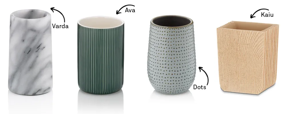 Vier Behälter in verschiedenen Designs: Varda mit Marmor, Ava mit grünen Rillen, Dots mit Punktmuster und Kaiu aus Holz.