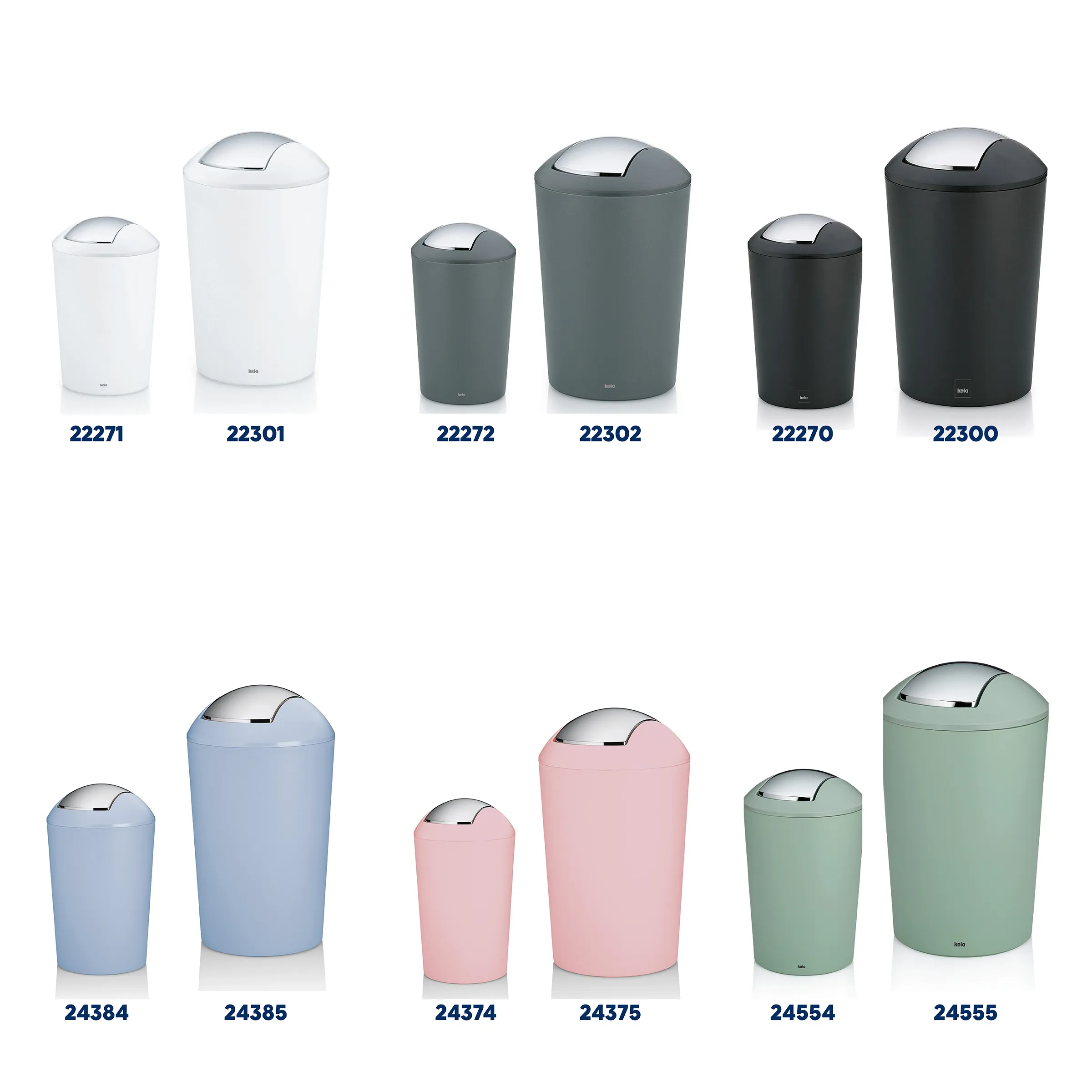 Mülleimer Set in Weiß, Grau, Schwarz, Blau, Rosa und Grün Kollektion von 12 Mülleimern in verschiedenen Größen und Farben mit silbernen Push-Deckeln