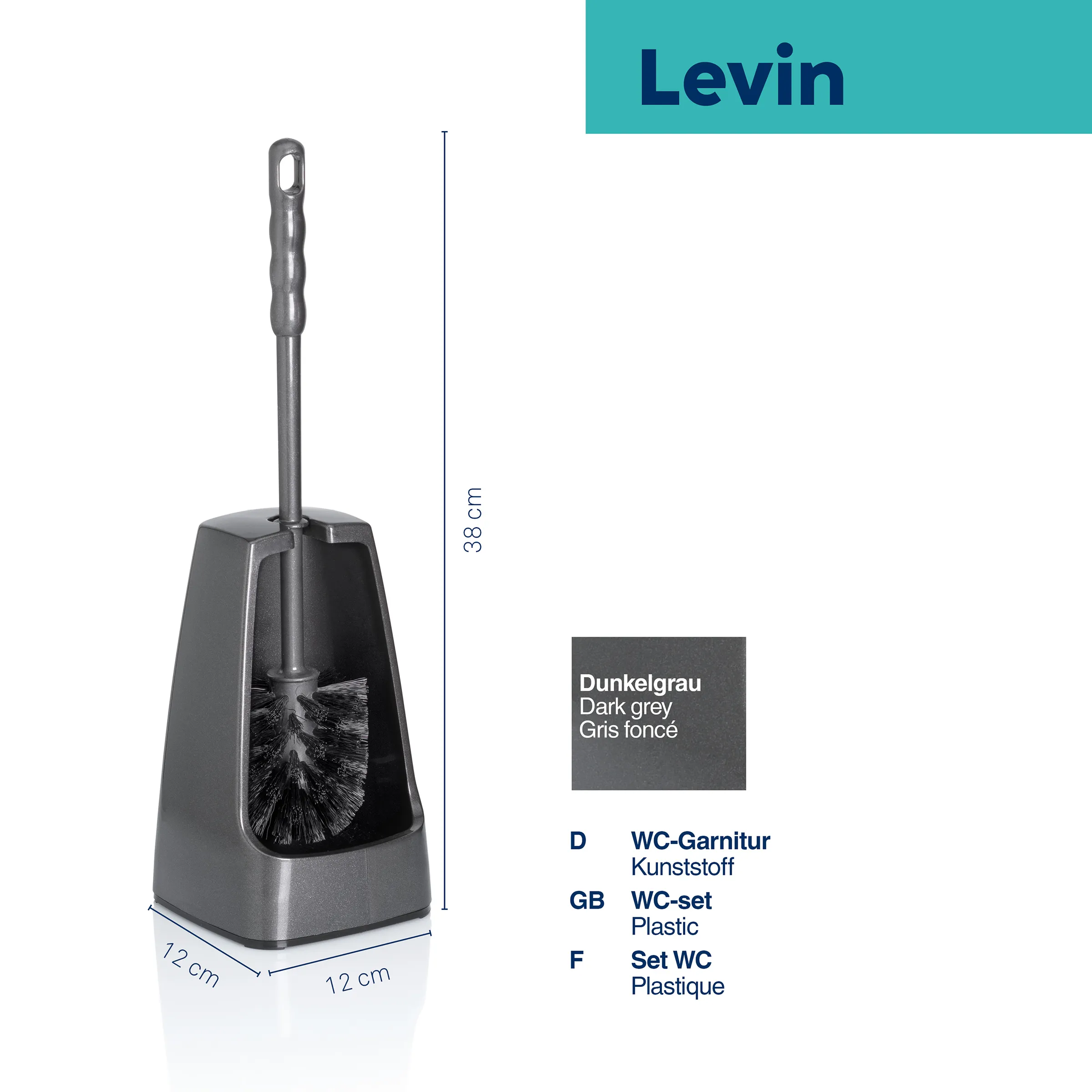 WC-Bürste Levin Dunkelgrau - Kunststoff WC-Garnitur Dunkelgraue WC-Bürste Levin mit Kunststoffgarnitur, 38 cm Höhe, 12x12 cm Basis