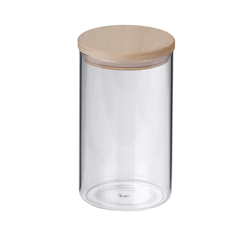 Rundes Vorratsglas aus transparentem Glas mit naturbelassenem Holzdeckel und dichtendem Gummirand
