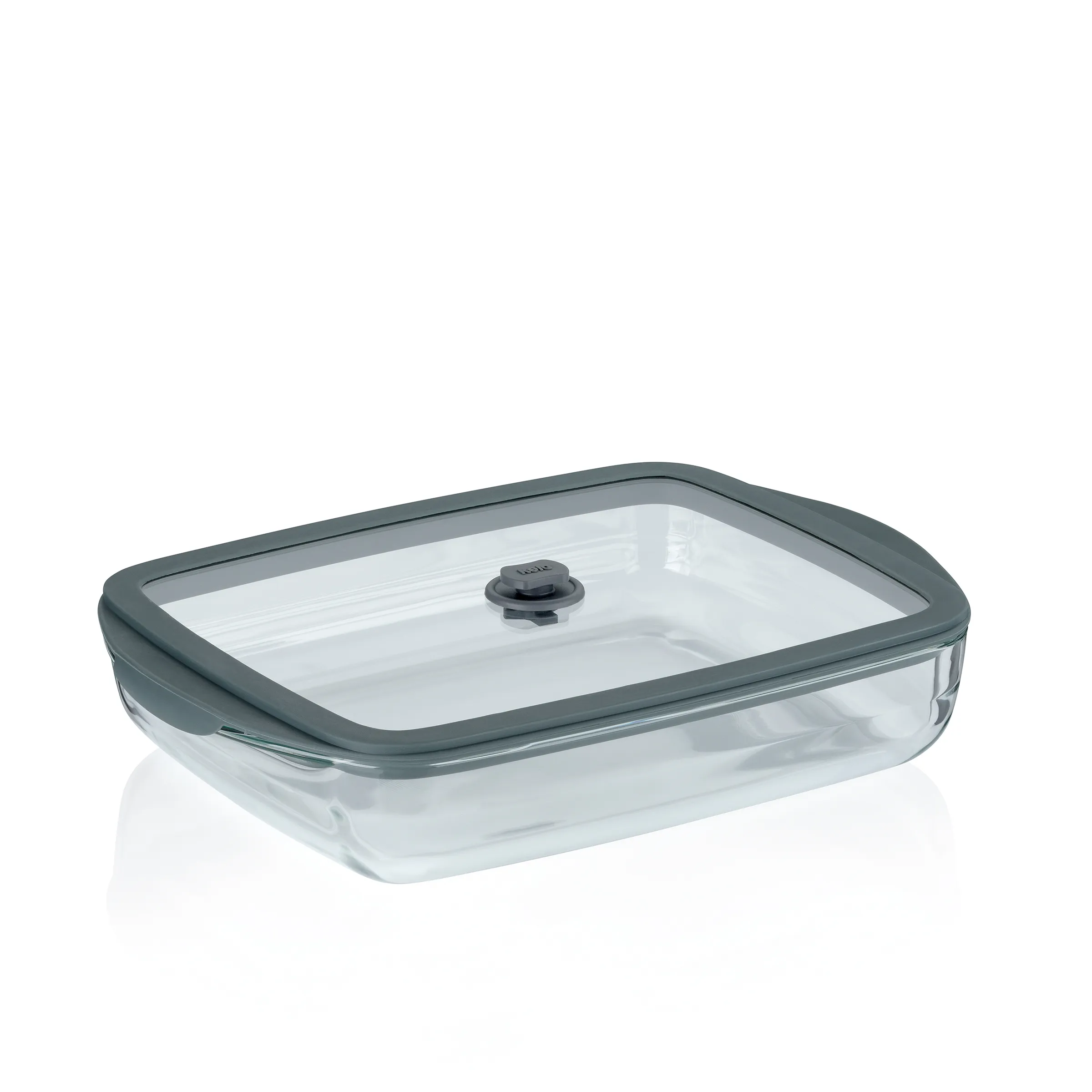 Glasspeicherdose mit Deckel - Lebensmittelbehälter Rechteckige Glasspeicherdose mit grauem Deckel und schwarzem Verschlussknopf, leer und freigestellt