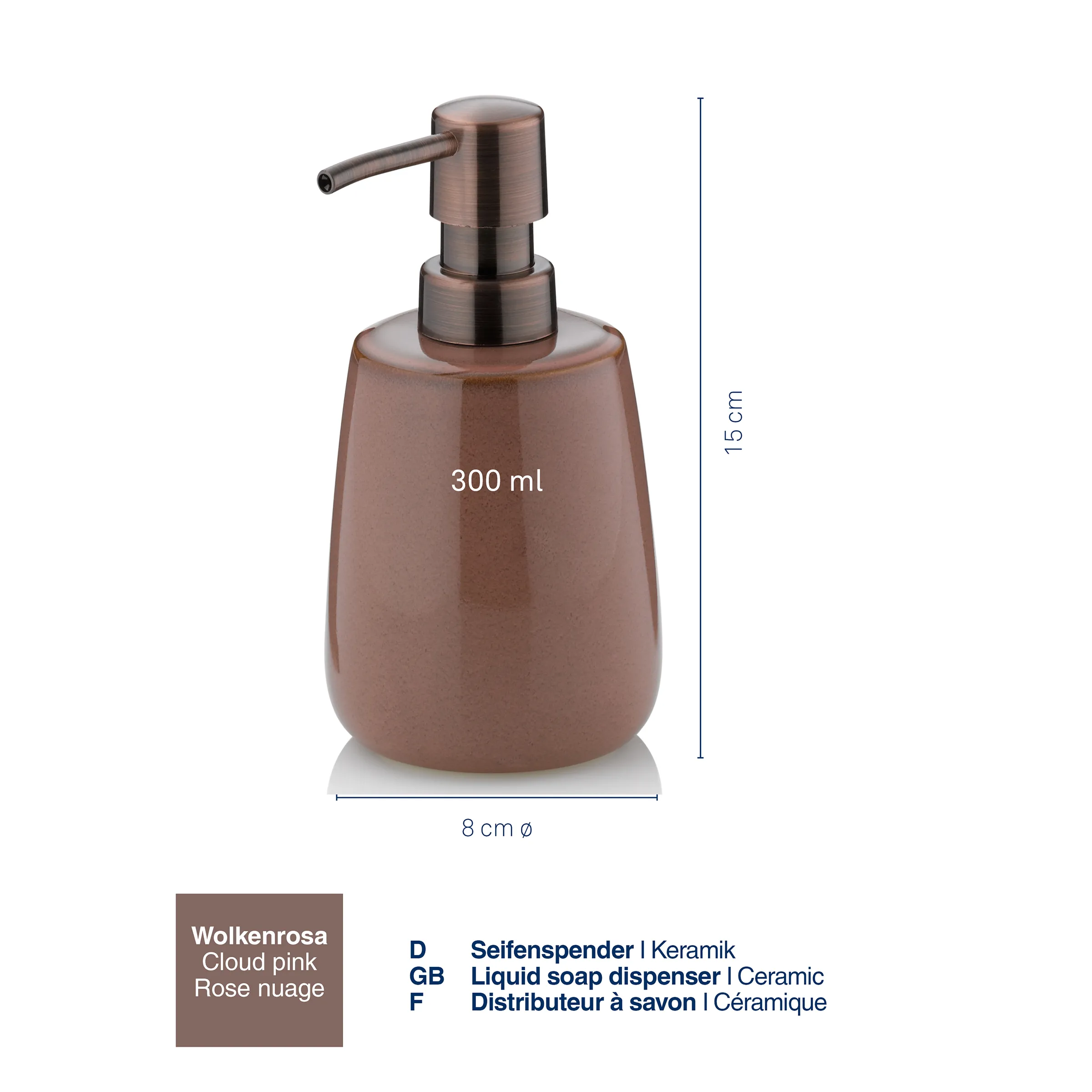 Keramik Seifenspender braun 300ml mit Metallpumpe Braune keramische Seifenspenderflasche mit Metallpumpe, 300 ml Fassungsvermögen, 15 cm hoch, 8 cm Durchmesser