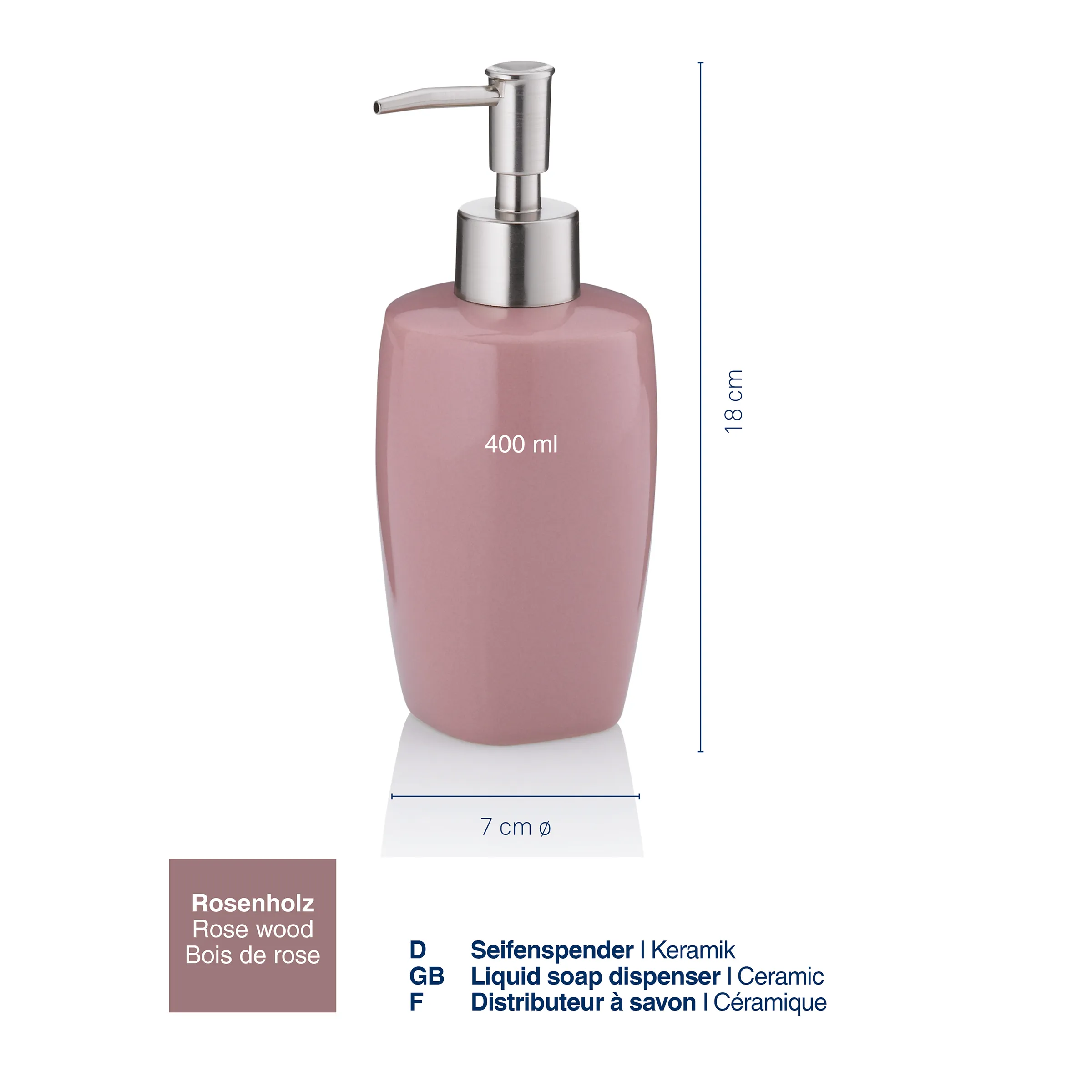 Keramik Seifenspender Rosa 400ml - Rosenholz Flüssigseifenspender mit Edelstahlpumpe Rosa Keramik-Seifenspender 400ml mit Edelstahlpumpe, Rosenholz-Farbe, 18cm hoch, 7cm Durchmesser