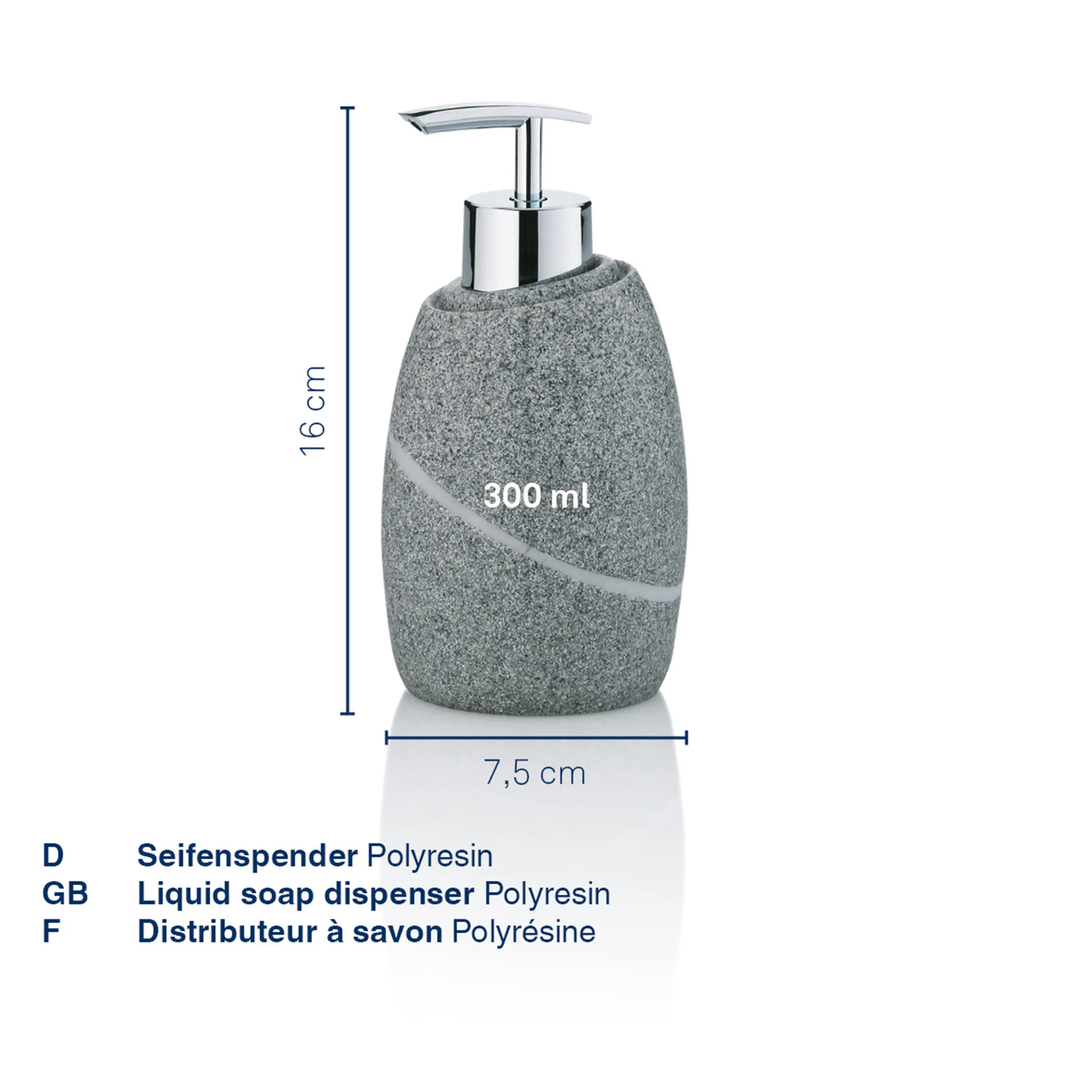 Seifenspender Polyresin grau 300ml - Badezimmer Flüssigseifenspender Grauer Seifenspender aus Polyresin mit Chrompumpe, 300ml Fassungsvermögen, 16cm hoch und 7,5cm breit