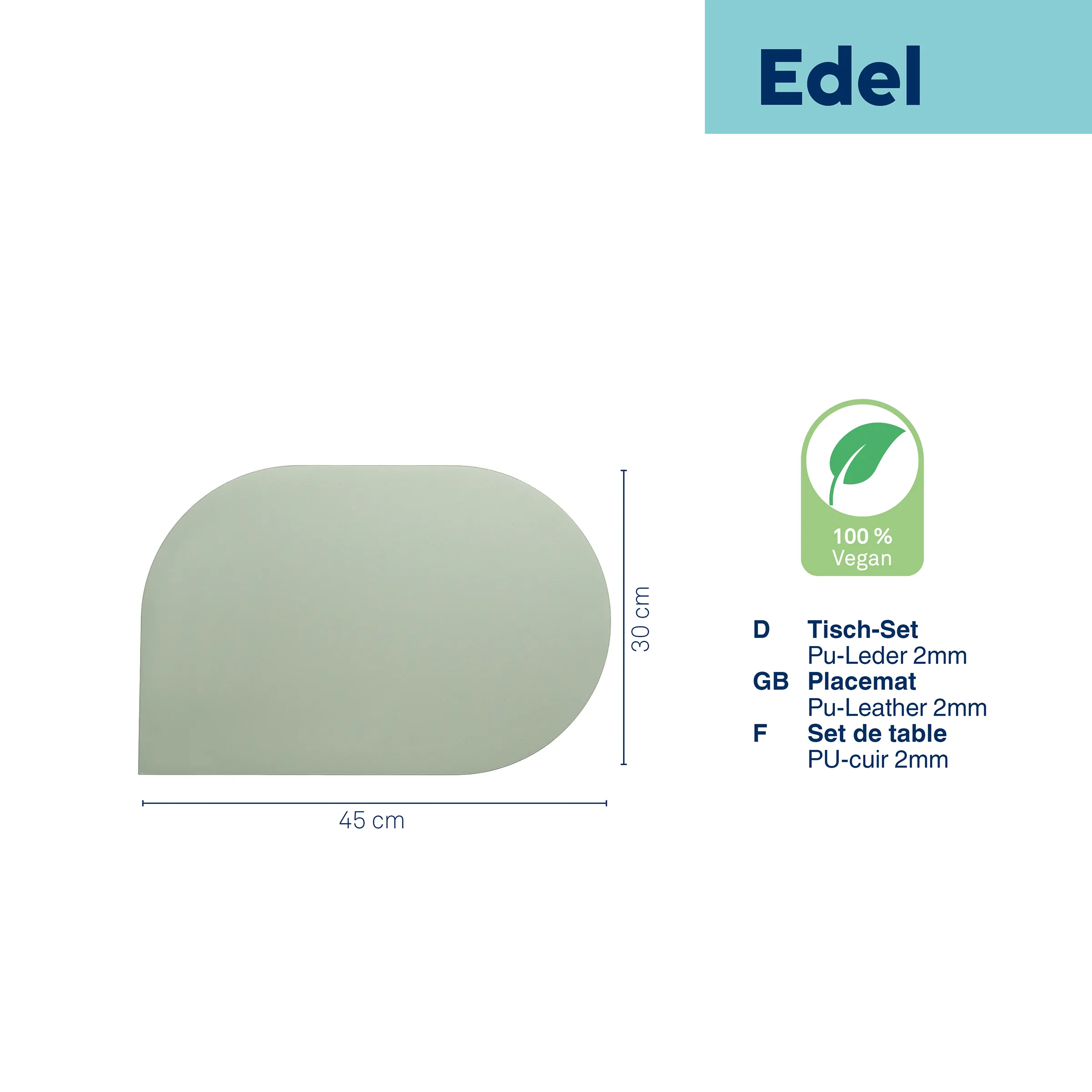 Salbeigrünes Tisch-Set Edel aus Pu-Leder mit Maßen 45cm x 30cm, 100% vegan