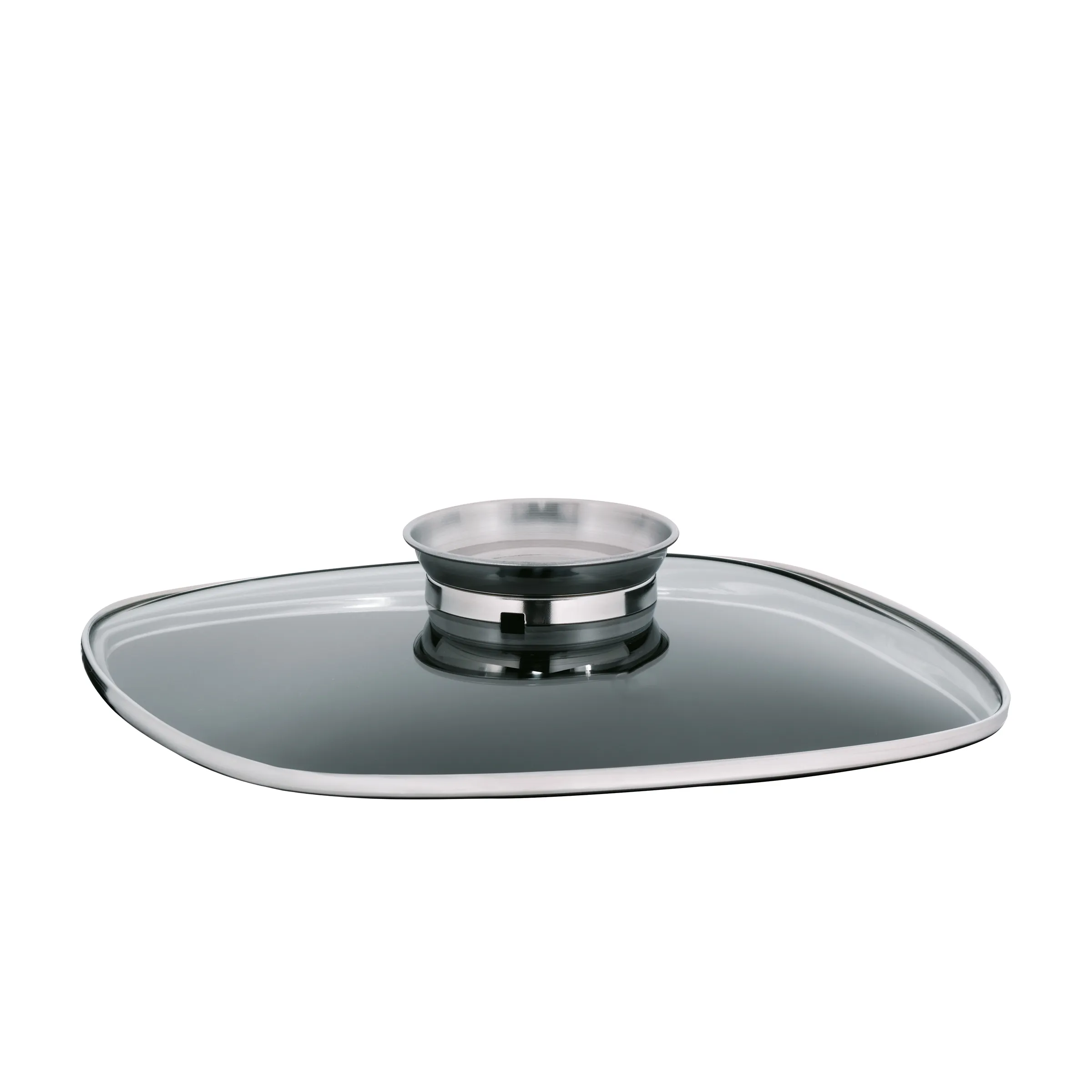 Glasdeckel oval mit Dampfventil - Topfdeckel für Pfannen Ovaler Glasdeckel mit Metallrand und Dampfaustrittsventil auf weißem Hintergrund