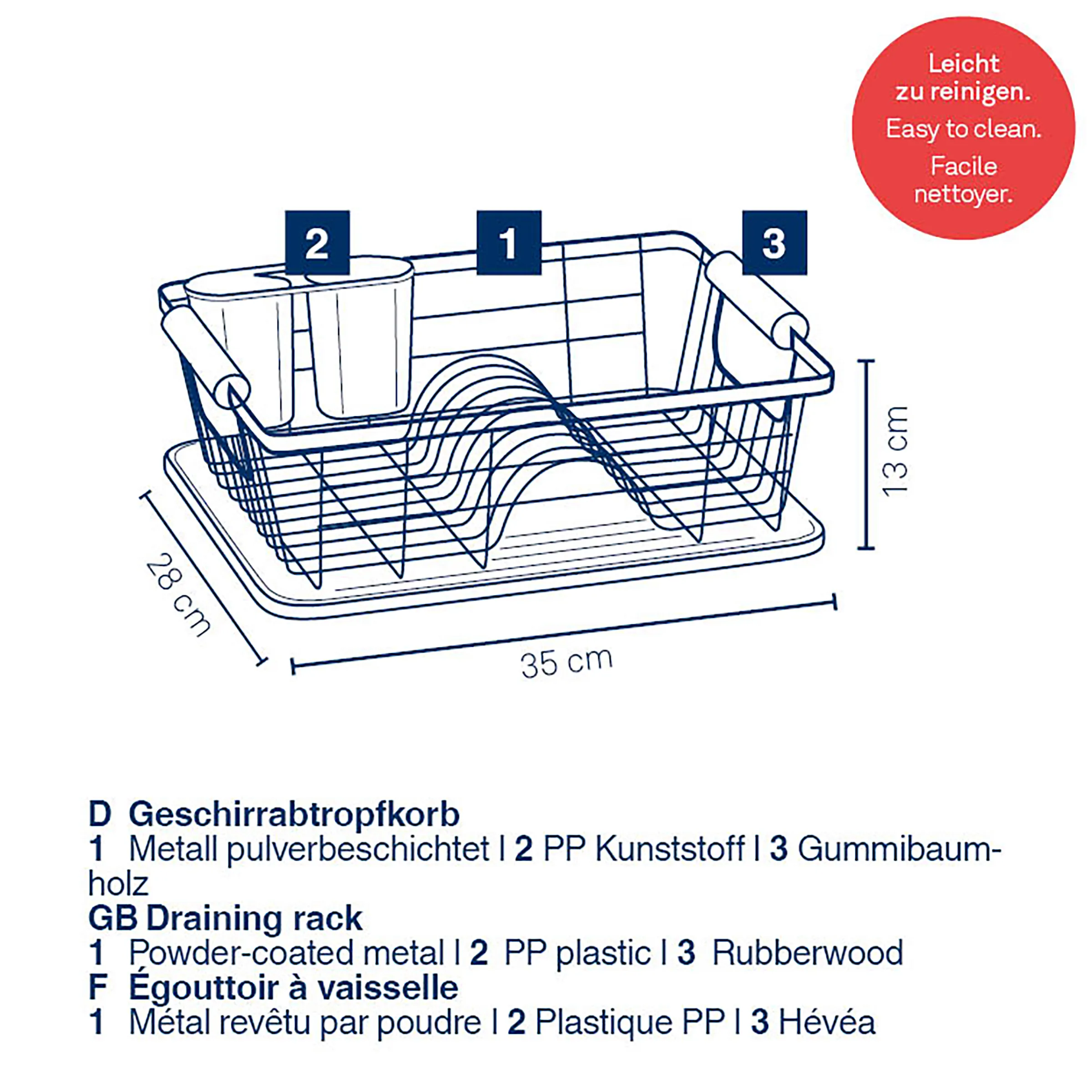 Geschirrkorb mit Abtropfschale - Pulverbeschichtetes Metall, leicht zu reinigen Geschirrkorb mit Abtropfschale, Metallgestell mit Pulverbeschichtung, PP-Kunststoff und Gummiholzfüßen
