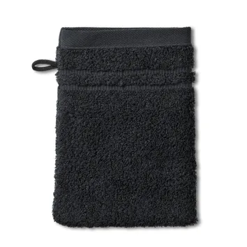 Schwarzer Waschlappen aus strukturiertem Frottee-Material mit Aufhängeschlaufe und Rand-Verarbeitung