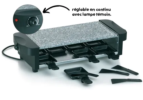 Raclette-Gril Plaque Granit avec 8 Poêlons Raclette-gril avec plaque granit, huit petits poêlons et spatules. Plaque chauffante réglable avec voyant de contrôle en détail.