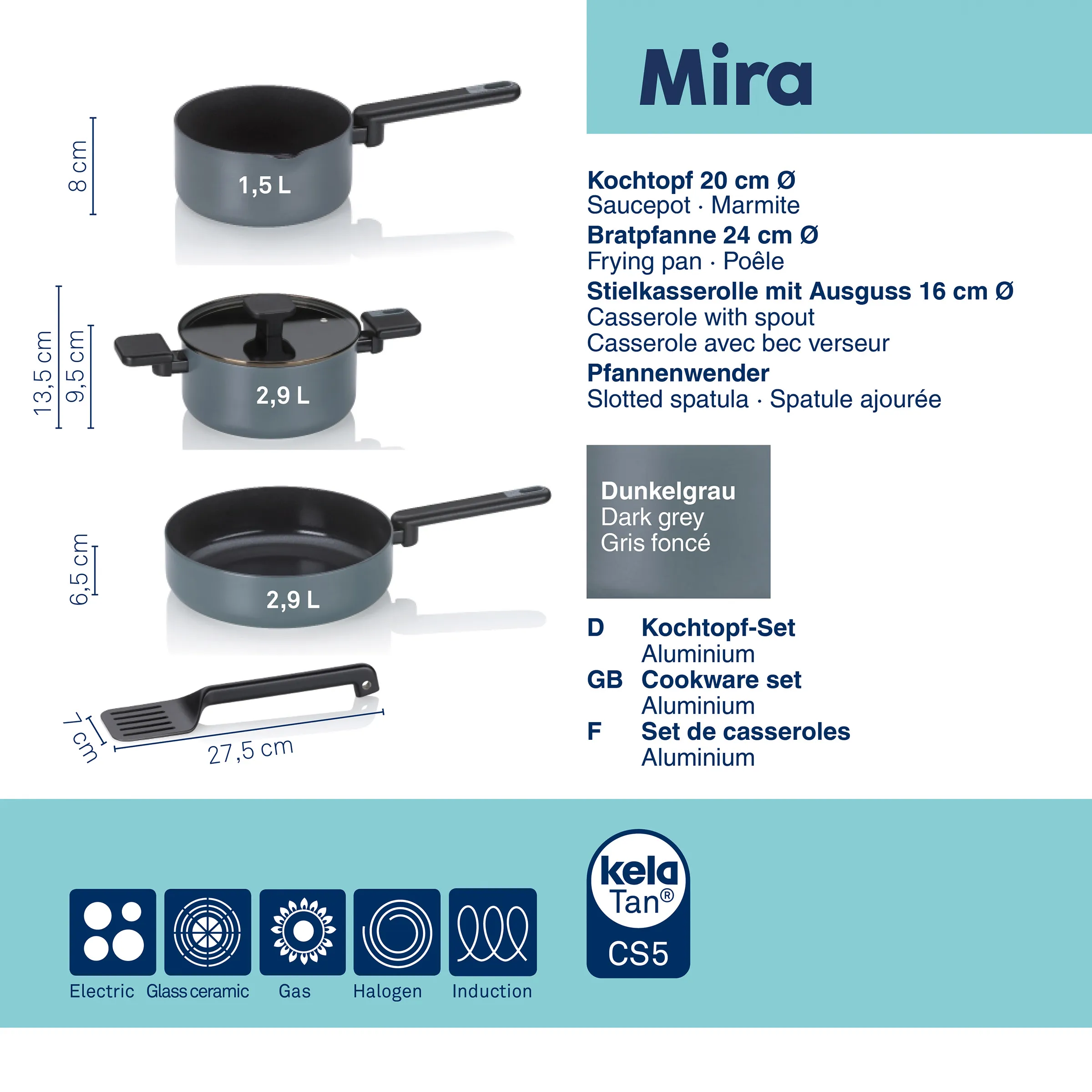 Mira Batterie de cuisine Aluminium - Set complet casseroles poêles Ensemble de cuisine Mira avec casserole, poêle et cocotte en gris foncé avec dimensions et accessoires