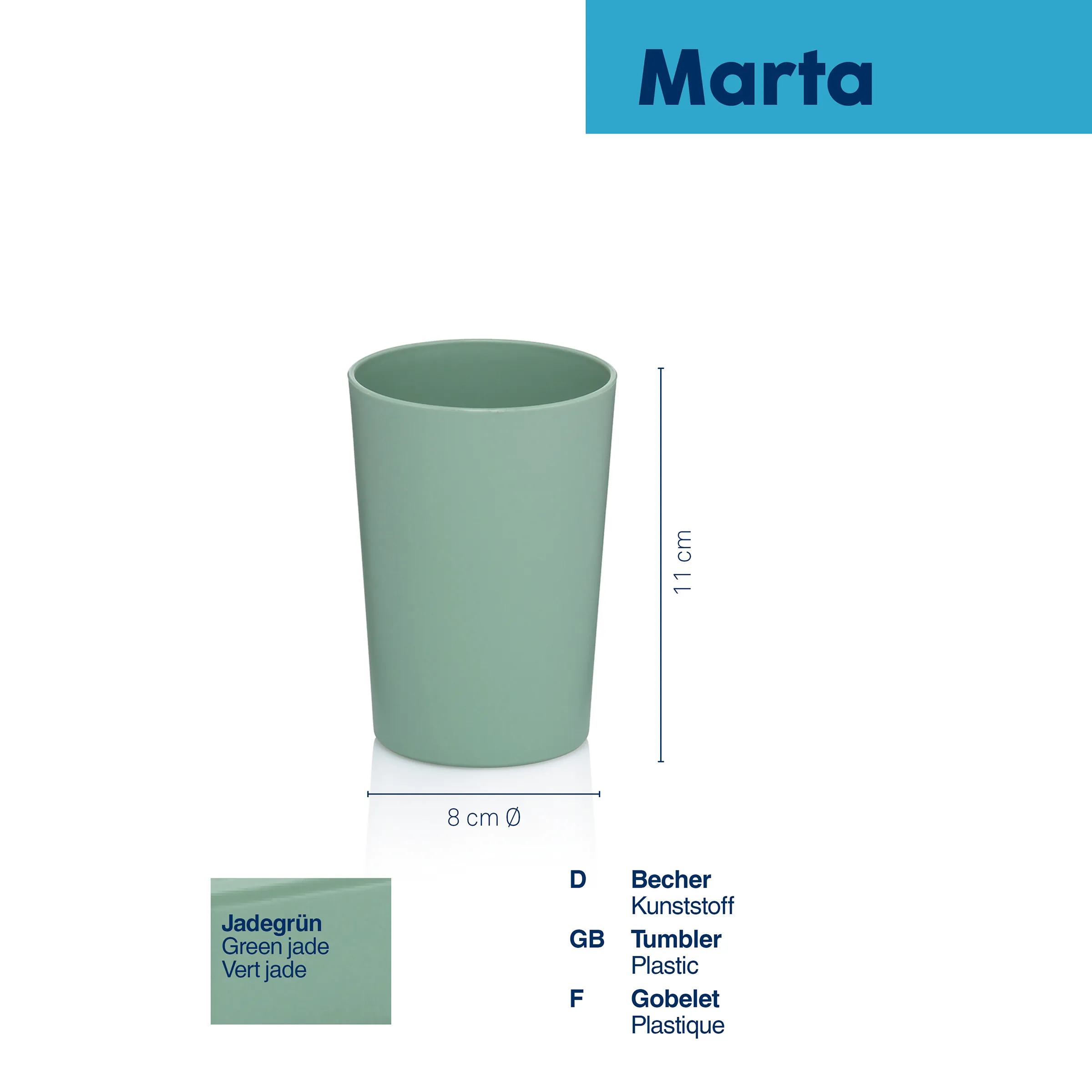Marta Kunststoffbecher Jadegrün - Bruchsicherer Trinkbecher 11 cm Jadegrüner Kunststoffbecher Marta, 11 cm hoch, 8 cm Durchmesser, mit Maßangaben