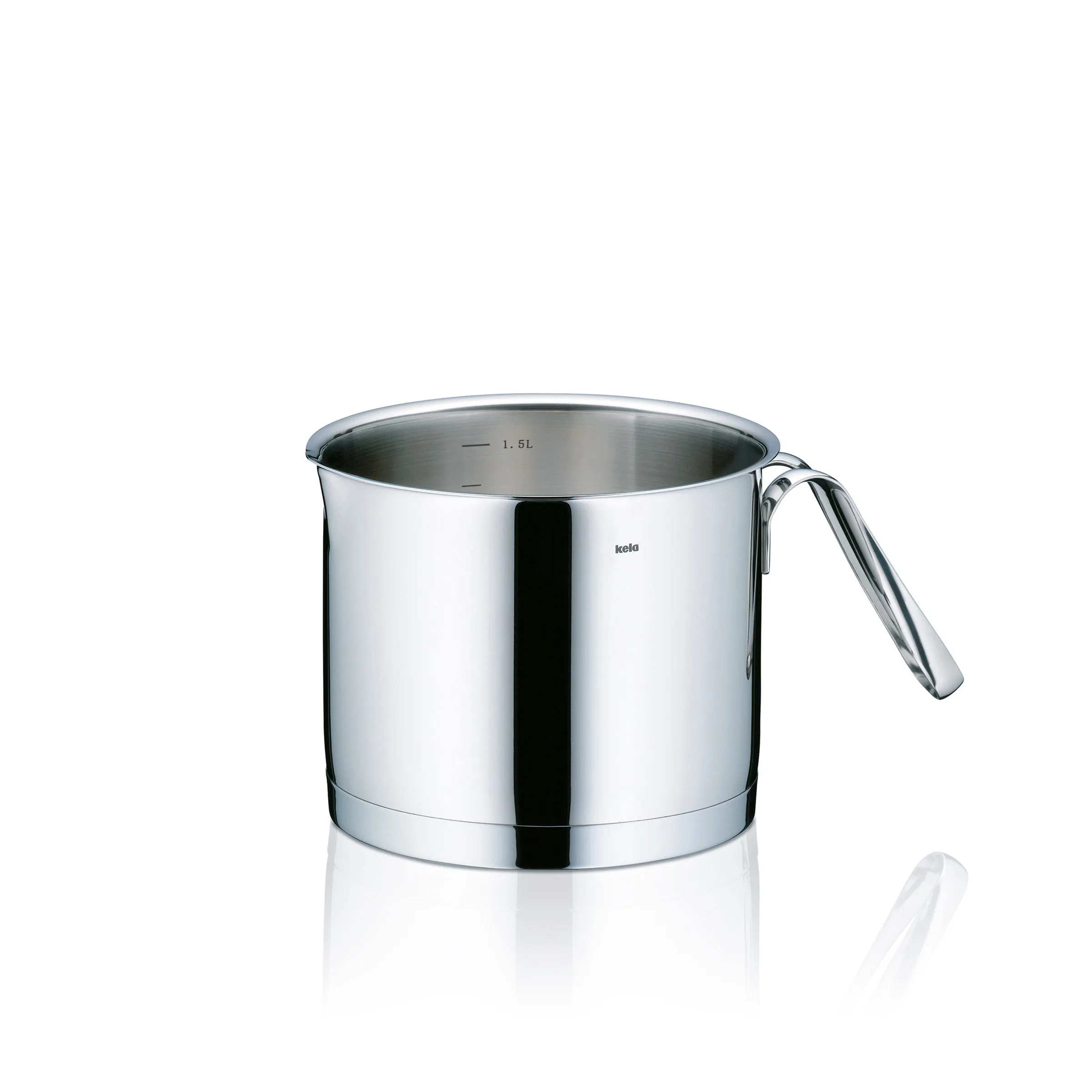 Glänzender Edelstahl-Kochtopf mit Deckel, 1,5 Liter Fassungsvermögen, modernes Design mit ergonomischem Griff.