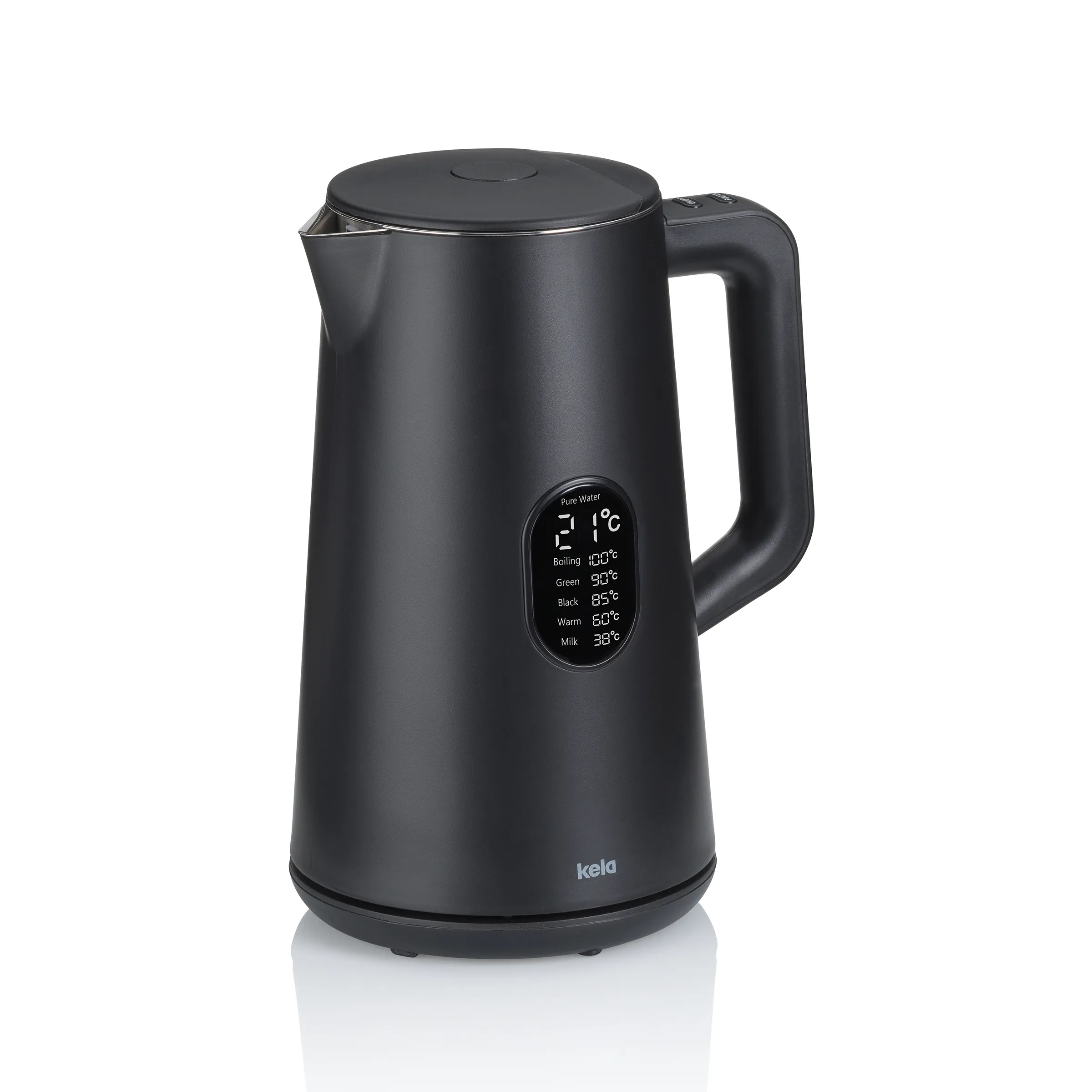 Digitaler Wasserkocher mit Temperaturregelung Schwarzer digitaler Wasserkocher kela mit LCD-Display, das verschiedene Temperatureinstellungen wie Kochen, Grün, Schwarz, Warm und Milch anzeigt.