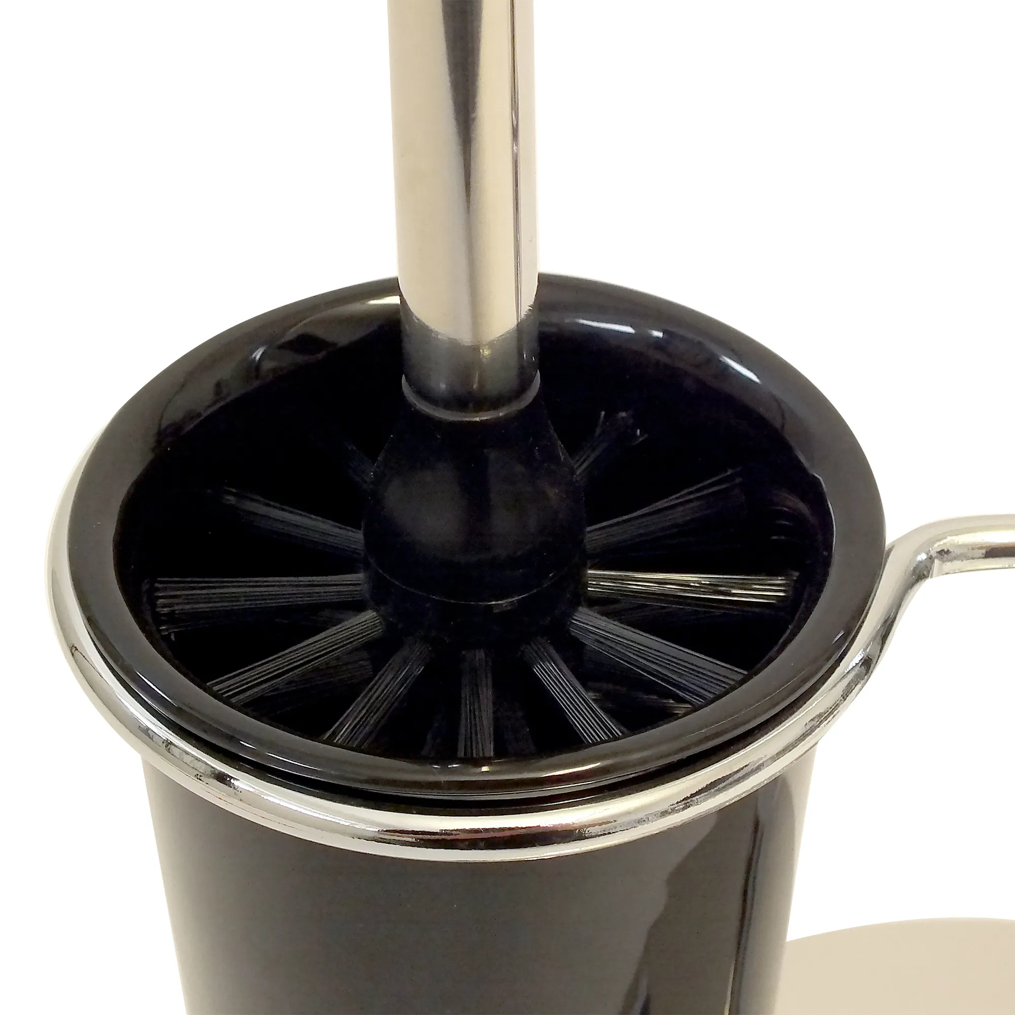 Elektrische Zahnbürste Schwarz - Premium Mundpflege Zahnbürste mit schwarzem Bürstenkopf und verchromtem Schaft in einem Glas mit schwarzem Borsten-Design