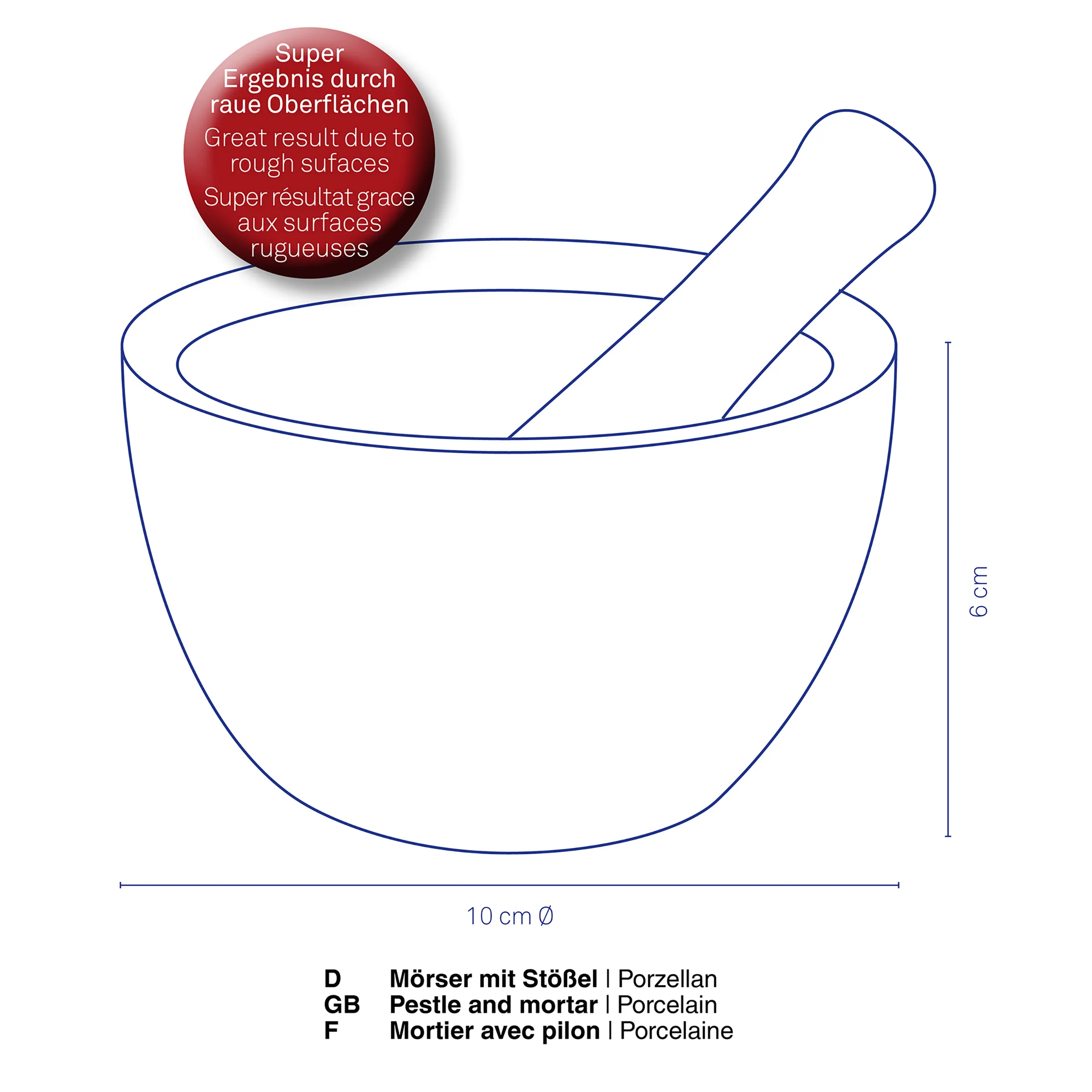 Porzellan-Mörser mit Stößel - 10 cm Ø Mörser Porzellan-Mörser mit Stößel, 10 cm Durchmesser, 6 cm Höhe. Rote Blase zeigt raue Oberflächenstruktur für optimale Mahlergebnisse.