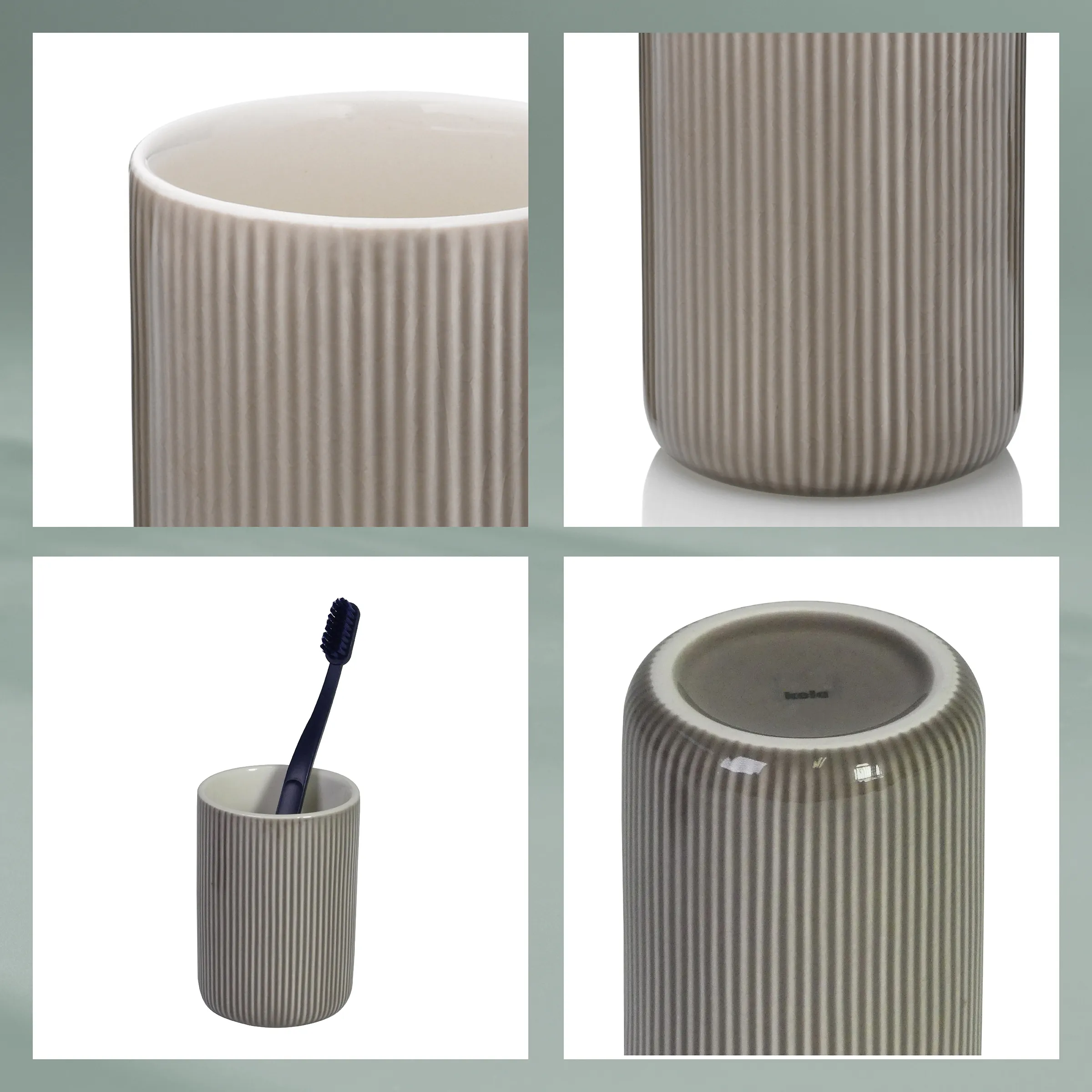 Modernes Badezimmer-Set mit gerippter Keramik in Graubeige: Zahnbürste, Becher und Behälter
