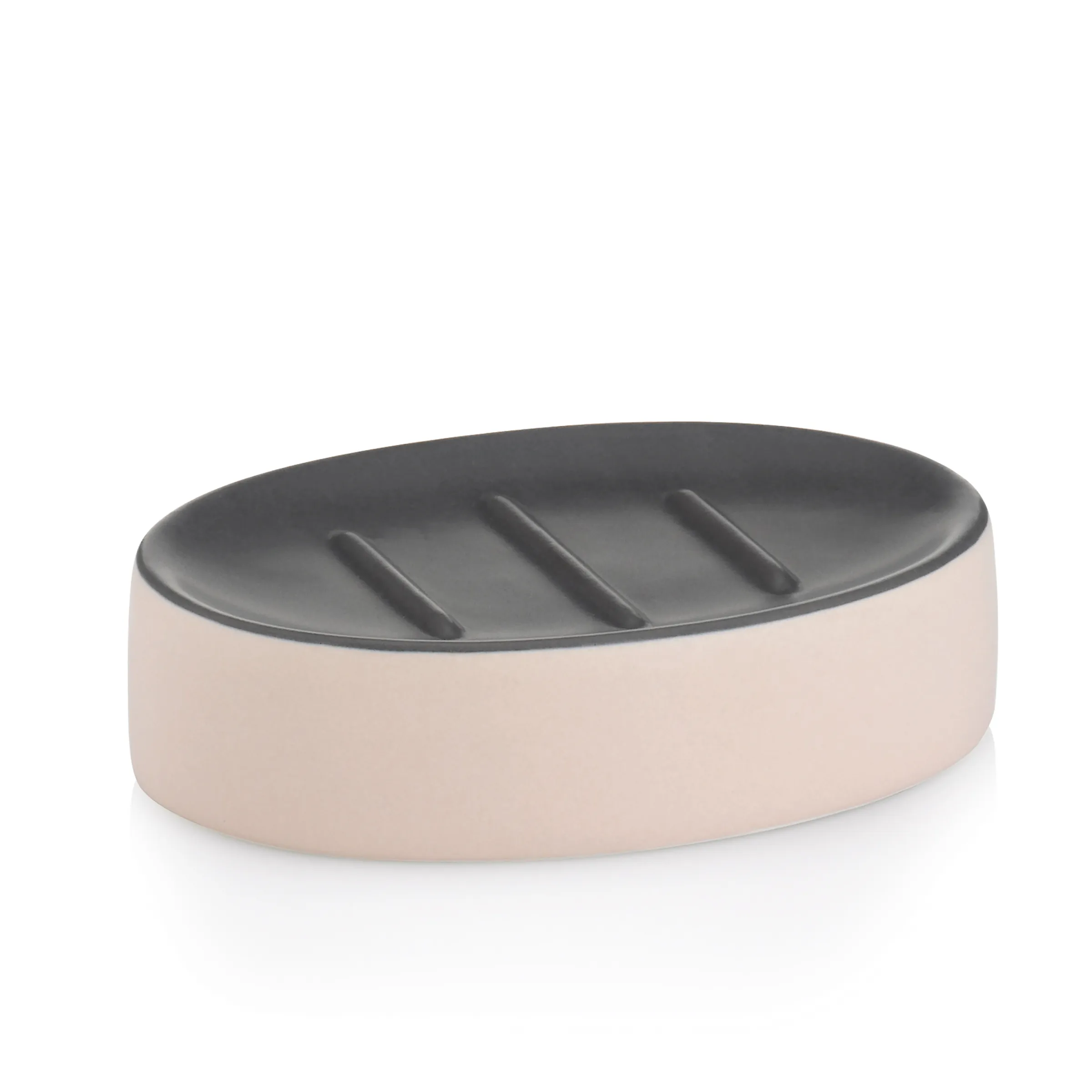 Seifenschale oval mit Abtropfgitter – Badezimmer Seifenhalter beige-grau Ovale Seifenschale in Beige und Grau mit gerilltem Deckel auf weißem Hintergrund