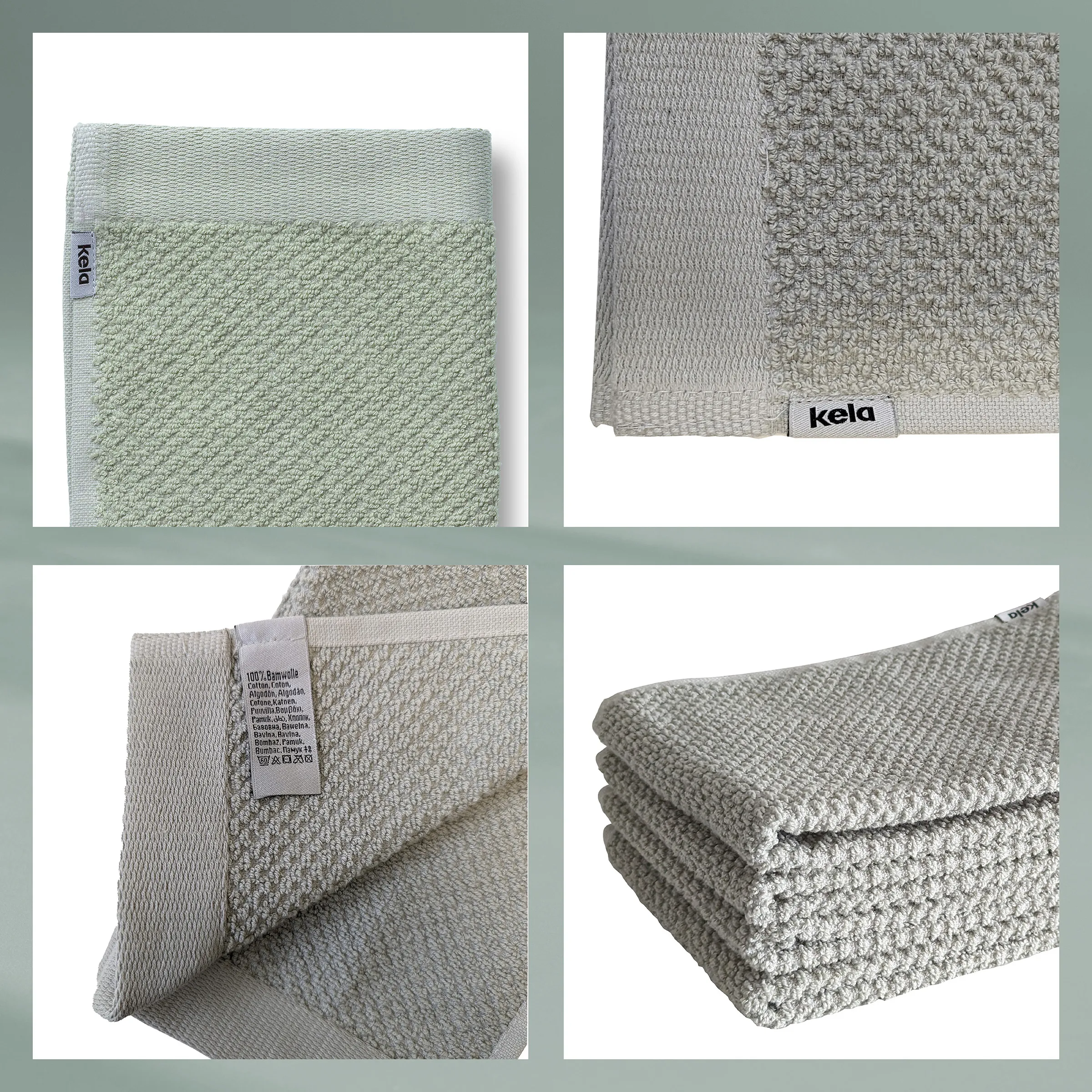 Kela Waschlappen hochwertige Mikrofaser Reinigungstücher Kela Waschlappen in Grün und Beige mit Strukturmuster, Detailaufnahmen und Markenlogo sichtbar