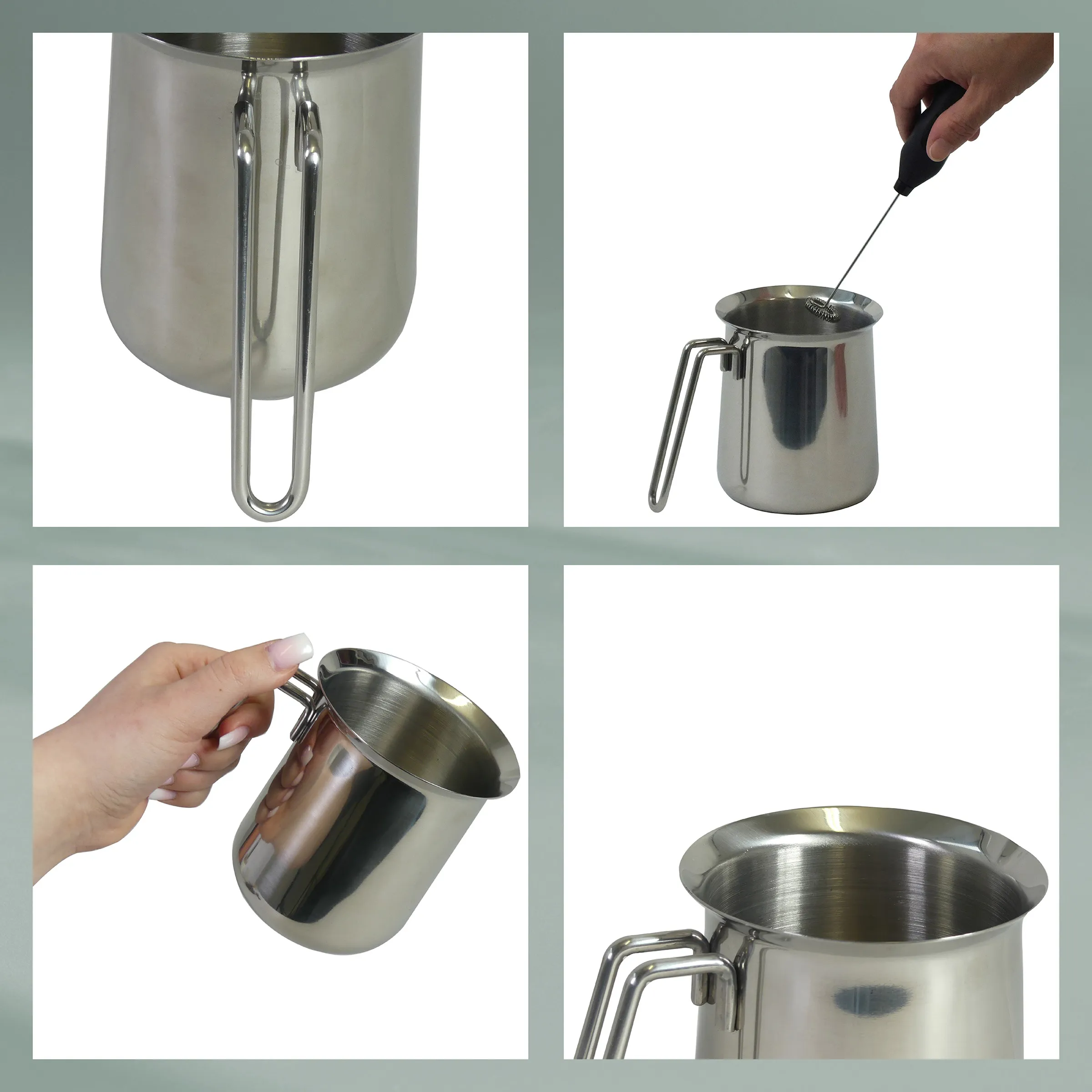Milchkanne Edelstahl Aufschäumer Edelstahl-Milchkanne mit Ausgießer wird befüllt und geleert, vier Detailaufnahmen zeigen Handgriff und Deckel