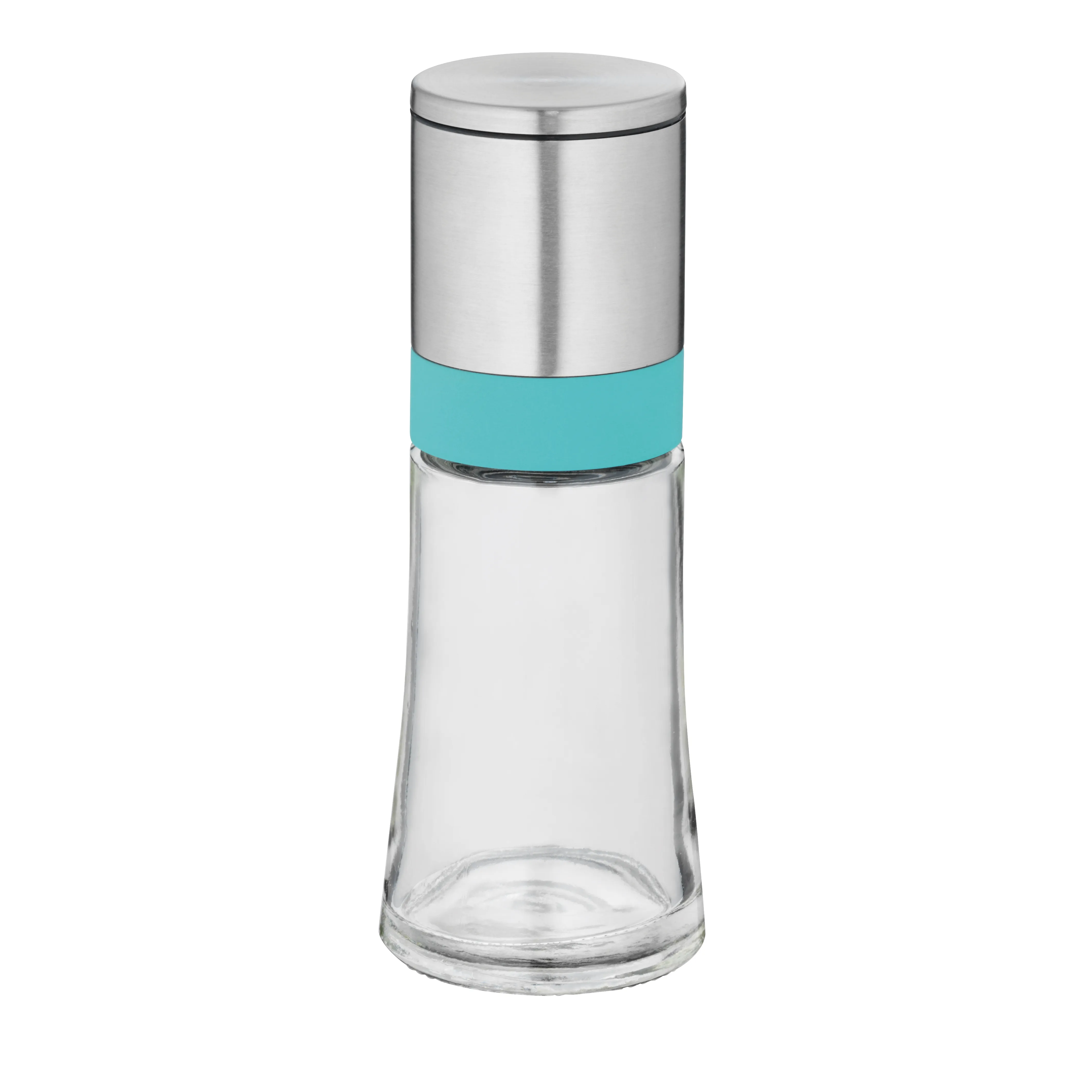 Salzmühle aus Glas mit Edelstahlmahlwerk und türkisfarbenem Silikonring auf weißem Hintergrund