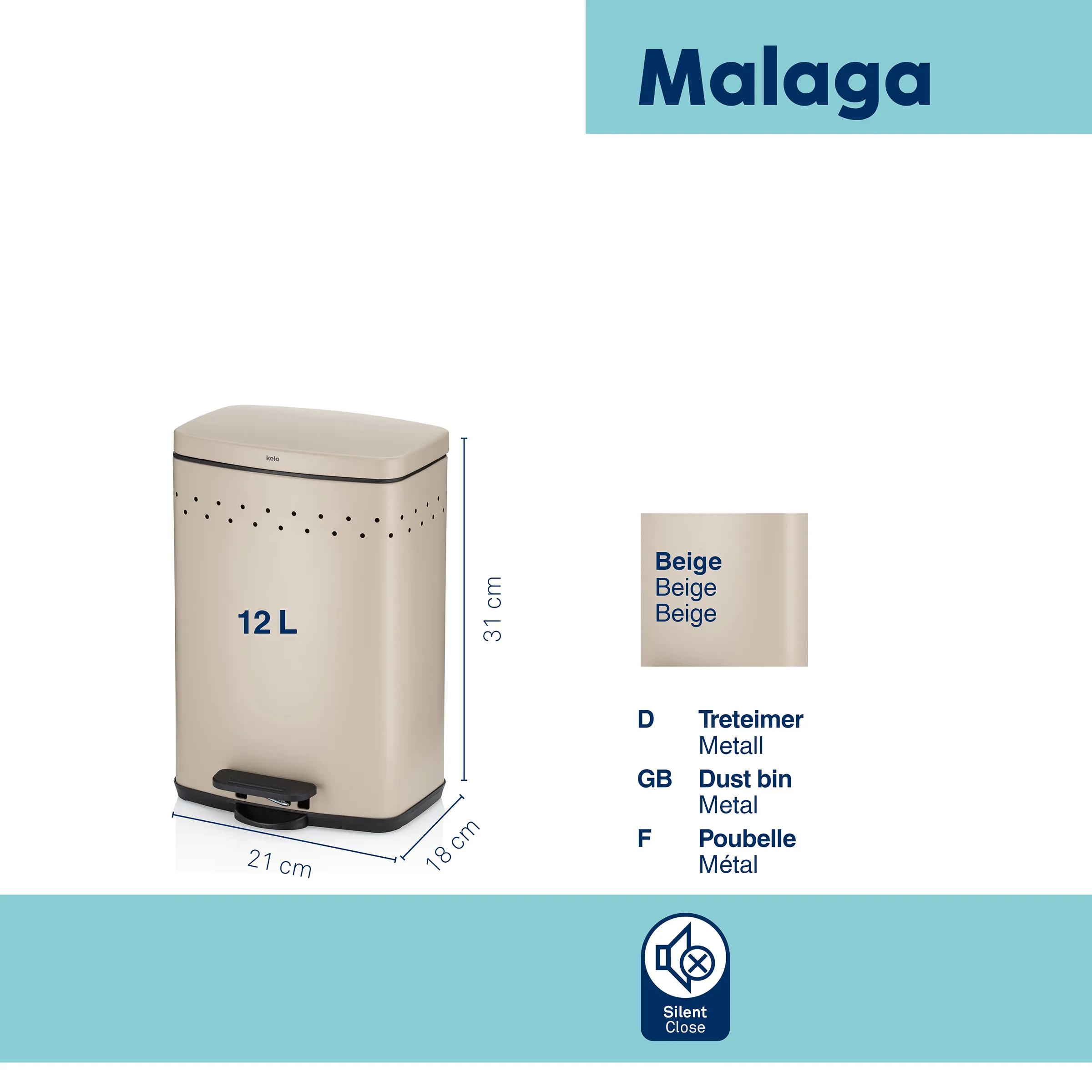 Malaga Tretmülleimer 12L Beige - Mülleimer Metall Beiger Malaga Tretmülleimer mit 12L Volumen, Maße 31cm Höhe, 21cm Breite, 18cm Tiefe, Silent Close Funktion