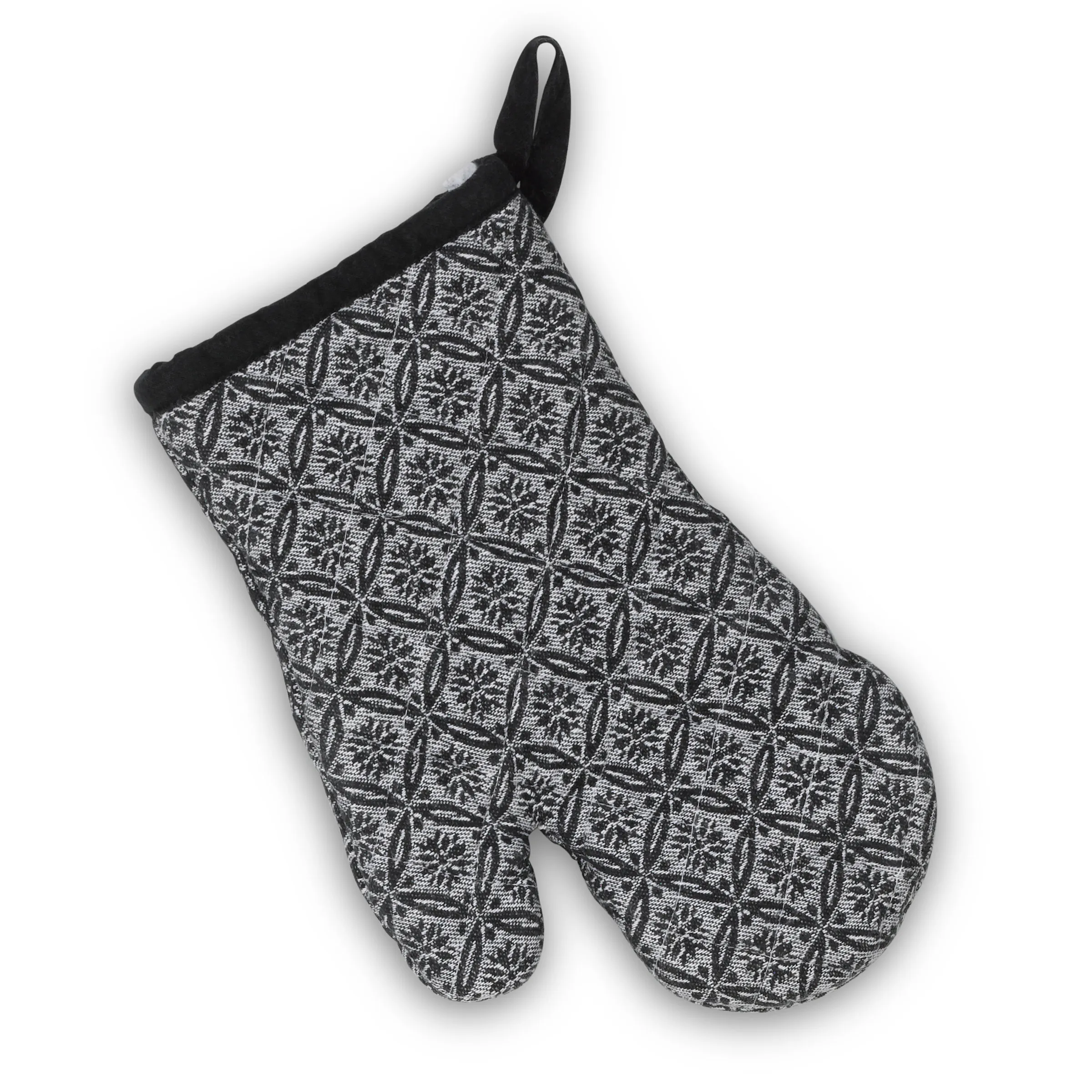 Schwarze Ofenhandschuhe mit geometrischem Muster und schwarzem Bündchen zum Aufhängen