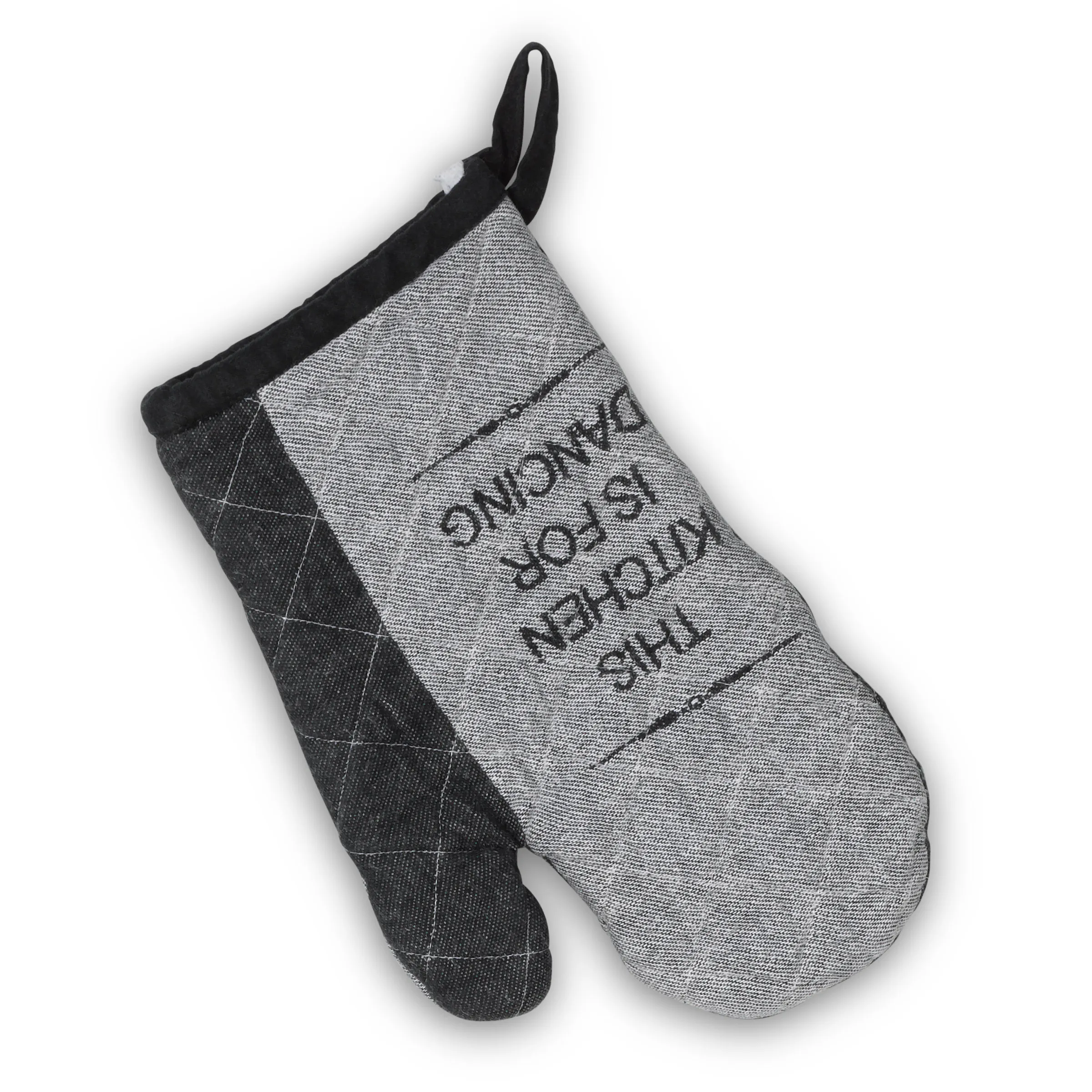 Grauer und schwarzer Küchenhandschuh mit Schriftzug, thermoisoliert mit Griffflächen, schwarzes Bündchen oben