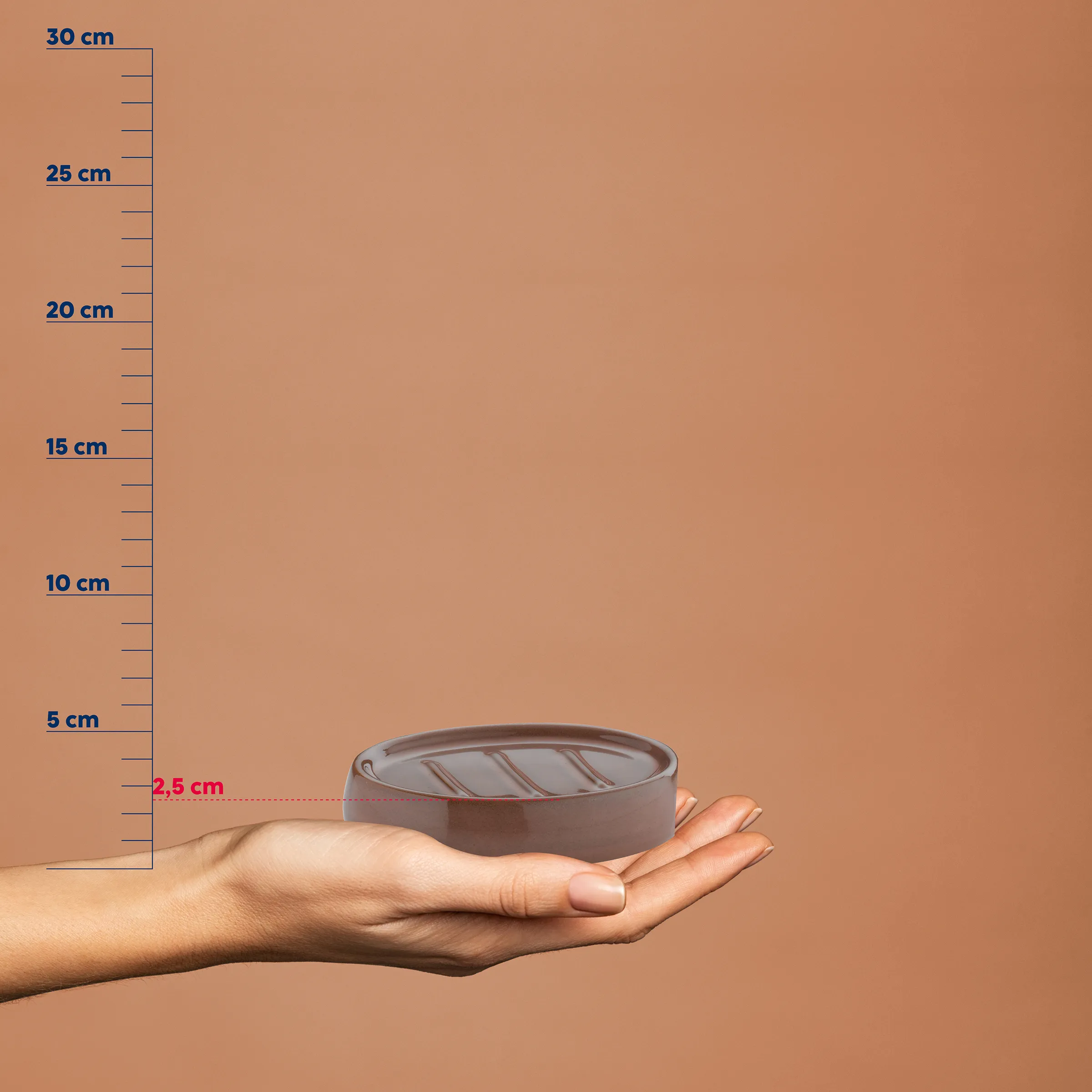 Flache ovale Schüssel mit Rillen-Design in einer Hand gegen Maßstab von 0-30 cm, etwa 2,5 cm hoch