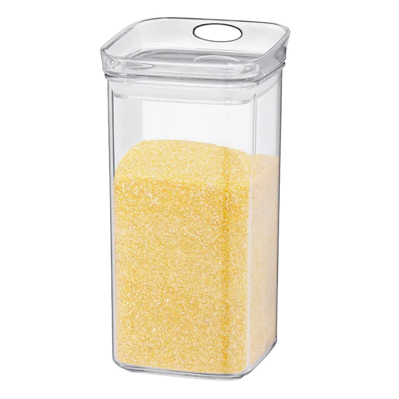Luftdichter Vorratsbehälter mit Deckel für Lebensmittel - Aufbewahrungsdose transparent Transparenter Vorratsbehälter mit luftdichtem Deckel gefüllt mit gelbem Maisgrieß oder Polenta