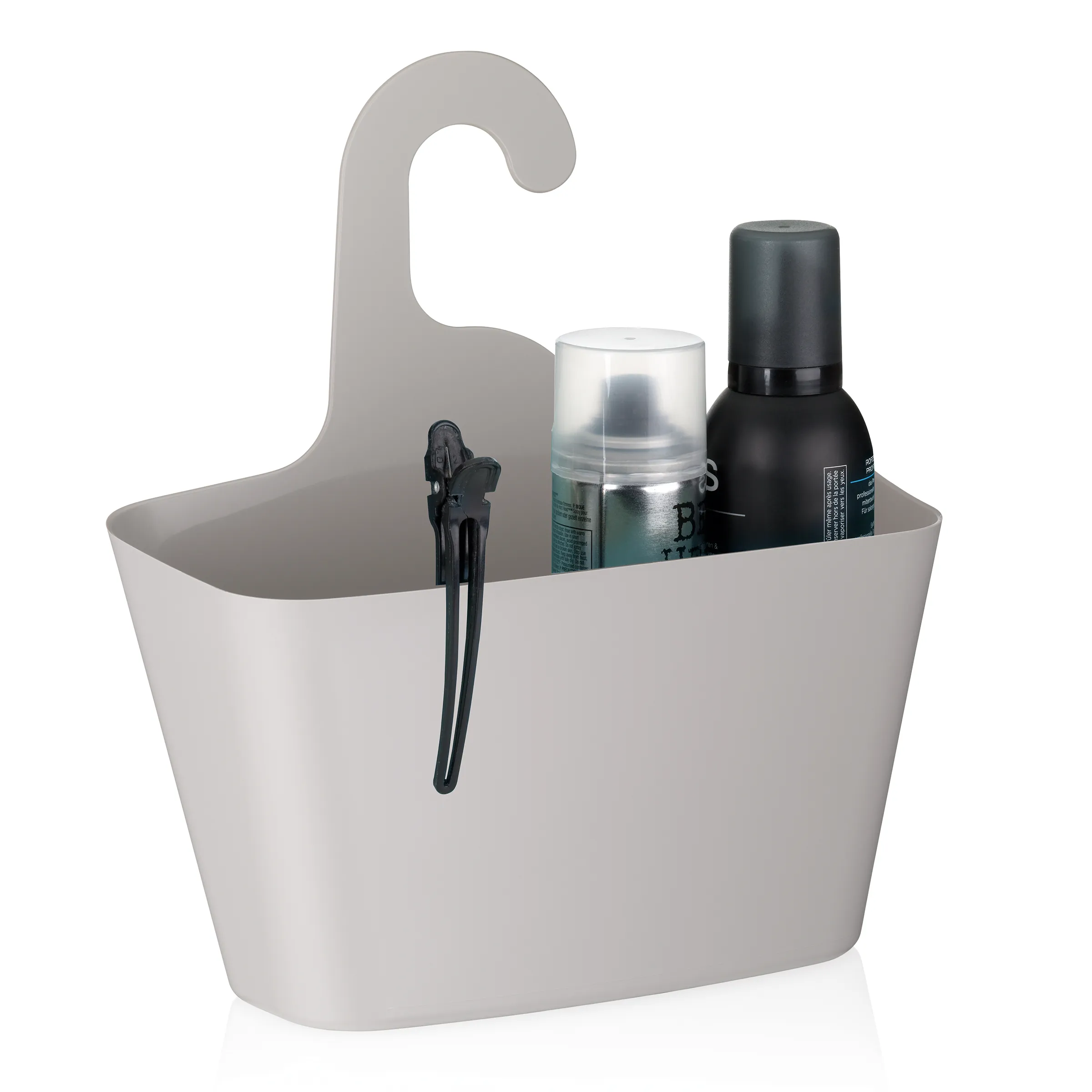 Duschkorb mit Türhaken - Badezimmer Organizer für Duschutensilien Grauer Duschkorb mit Türhaken, gefüllt mit Shampooflasche, Rasierer und schwarzer Sprühflasche