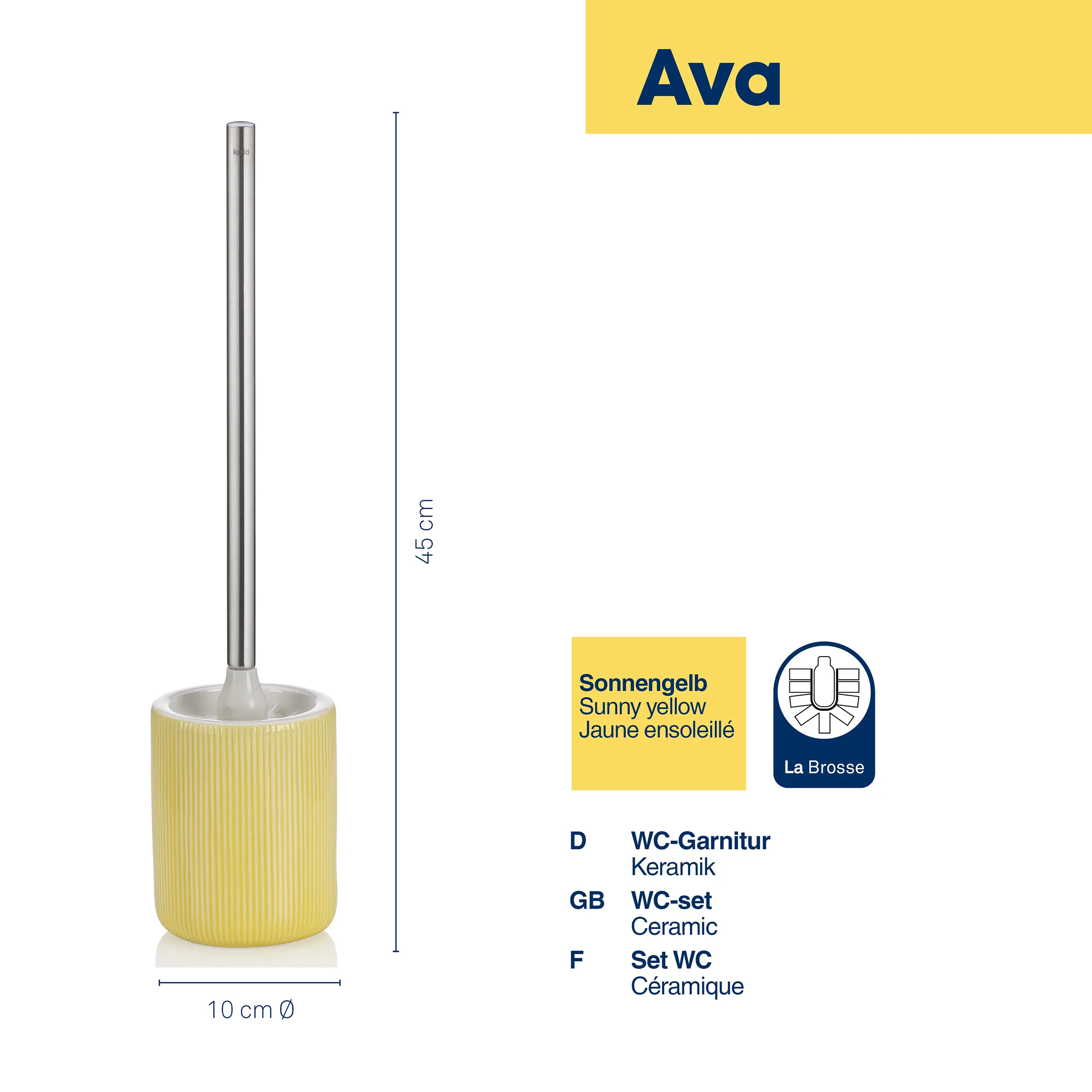 Ava WC-Garnitur Sonnengelb Keramik - WC-Bürste mit Behälter Ava WC-Garnitur in Sonnengelb: Keramikbehälter mit Rillenstruktur und Edelstahlbürste, 45 cm hoch, 10 cm Durchmesser