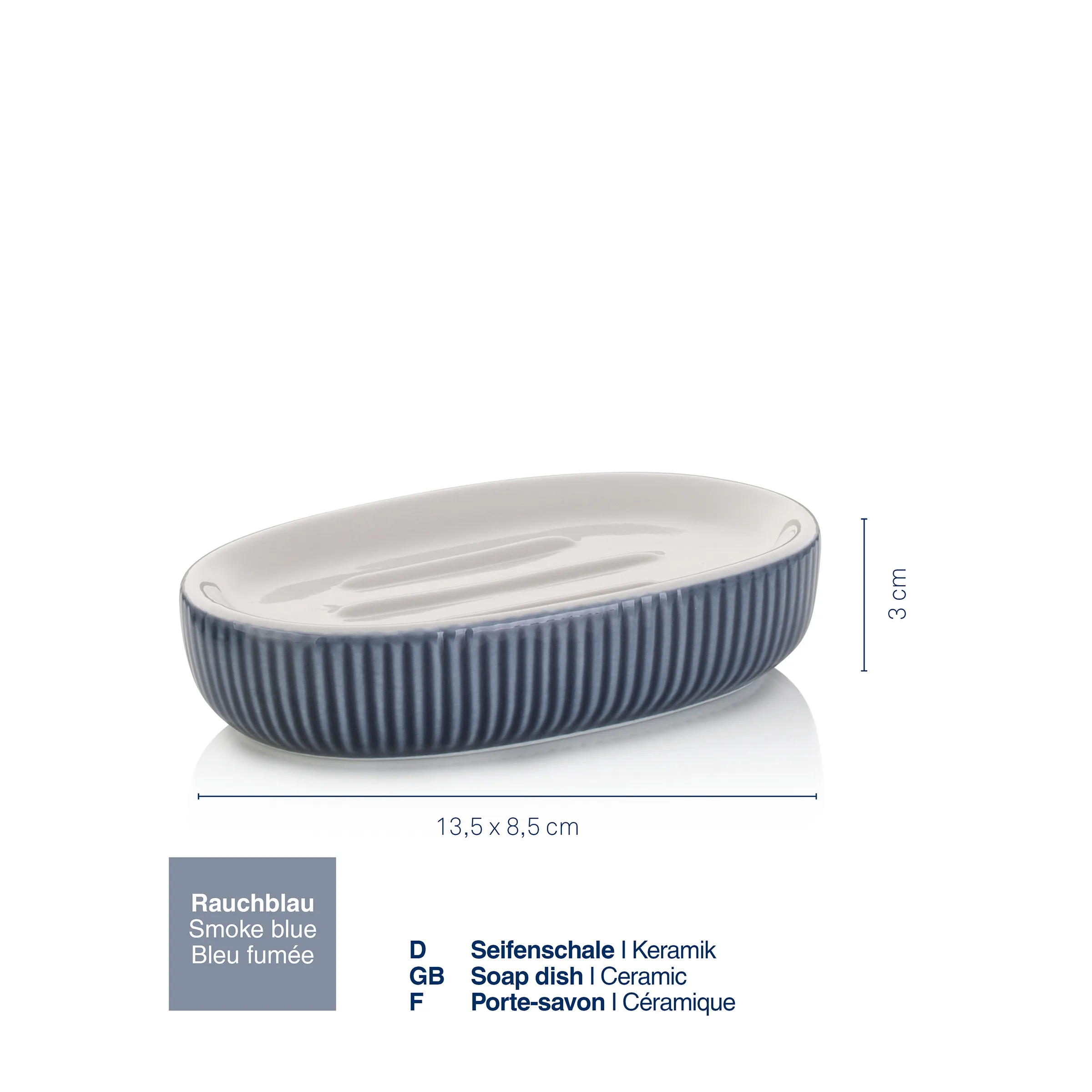 Seifenschale Keramik Rauchblau - Moderne Badaccessoires Rauchblauer Keramik Seifenschale mit vertikalen Rillen, oval, 13,5 x 8,5 cm, Höhe 3 cm