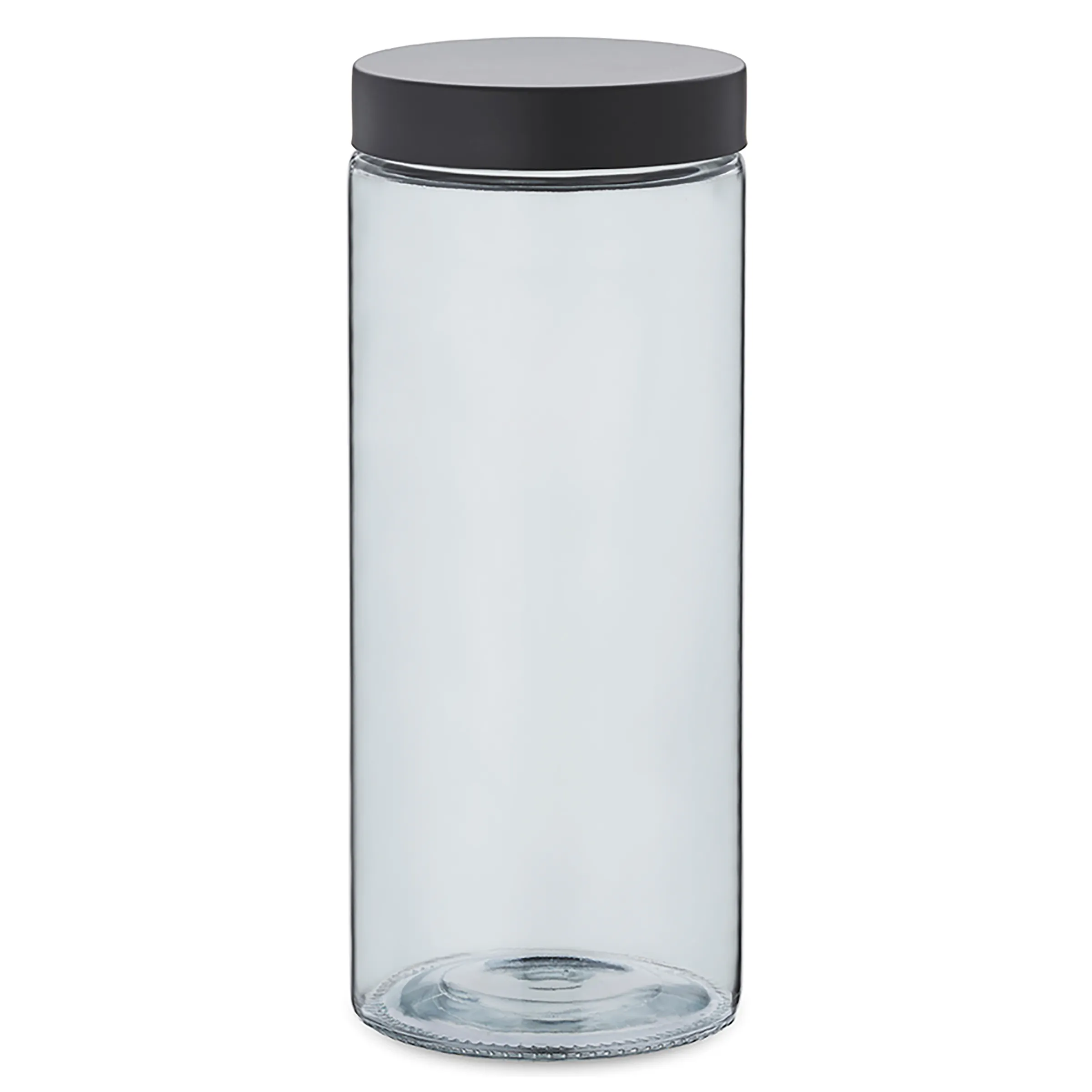 Glasbehälter mit Schraubdeckel - Aufbewahrungsglas für Küche Transparenter Glasbehälter mit schwarzem Schraubdeckel, leer, auf weißem Hintergrund