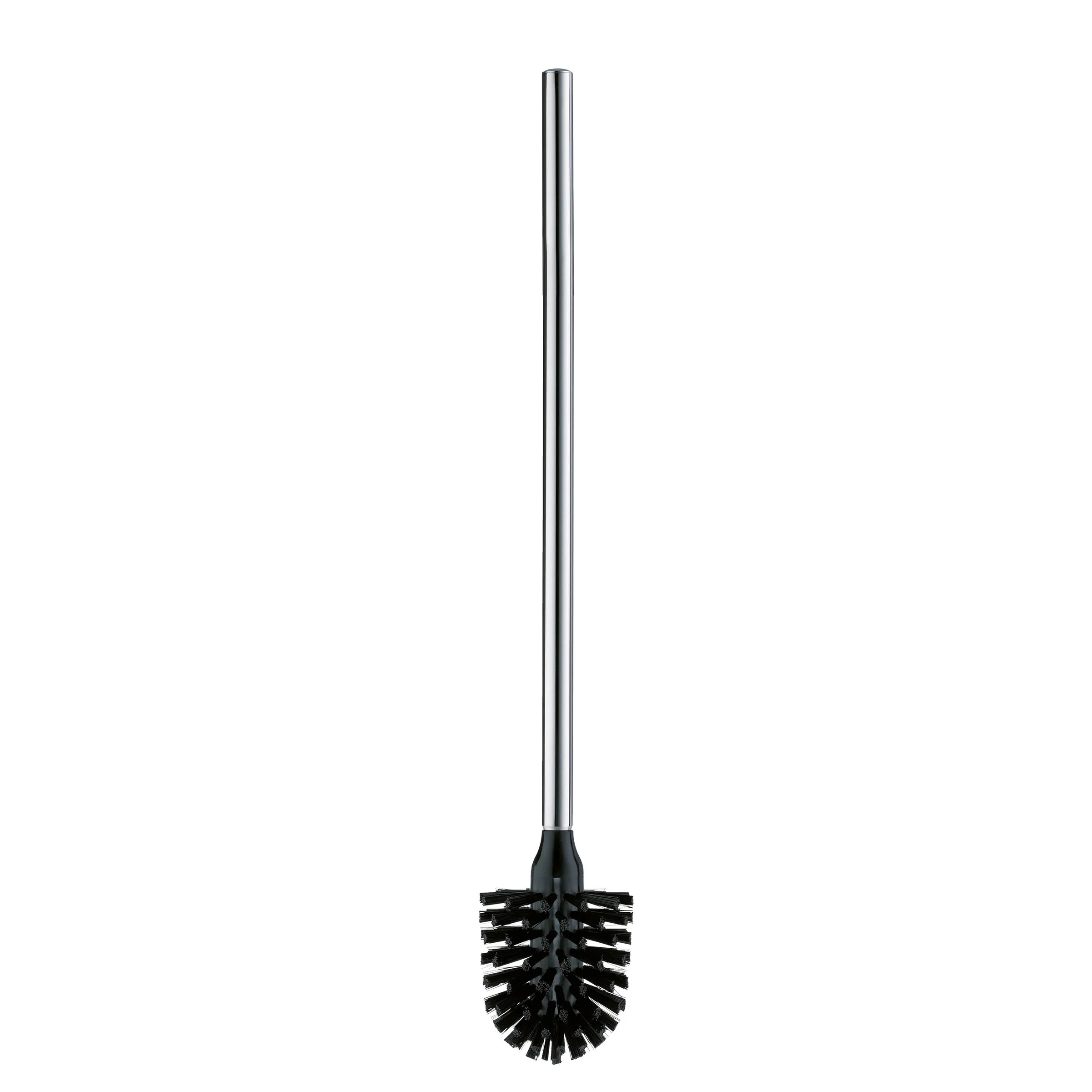 Toilettenbürste mit Edelstahlstab und schwarzem Bürstenkopf Schwarze Toilettenbürste mit langem Stahlstab und rundem Bürstenkopf mit dicht stehenden Borsten