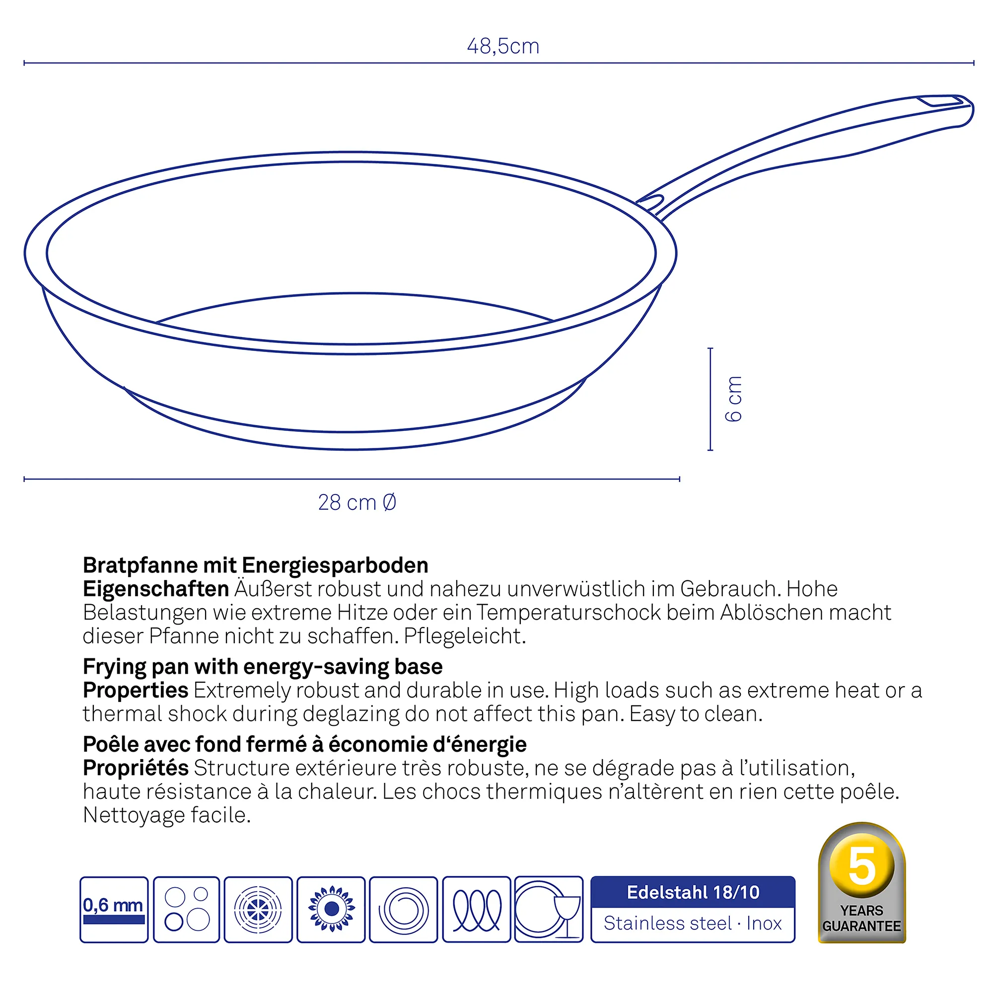 Bratpfanne Edelstahl 28 cm Energiesparboden - technische Produktzeichnung mit Abmessungen Bratpfanne 28 cm Edelstahl mit Energiesparboden, 6 cm hoch, Gesamtlänge 48,5 cm, technische Zeichnung mit Maßen