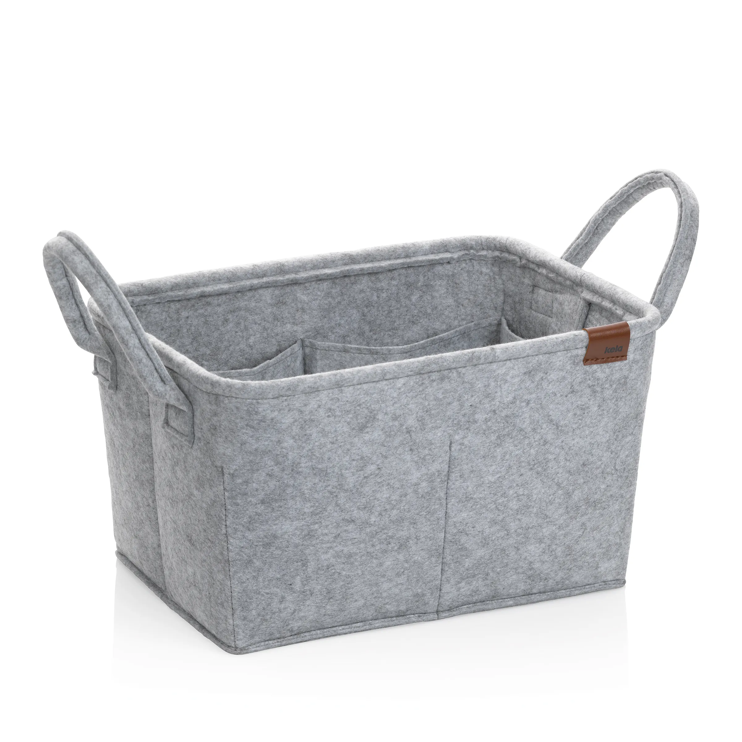 Filz-Aufbewahrungskorb grau mit Griffen und Taschen - Organizer Grauer Filz-Aufbewahrungskorb mit zwei Griffen und Innentaschen, Lederdetail an der Seite