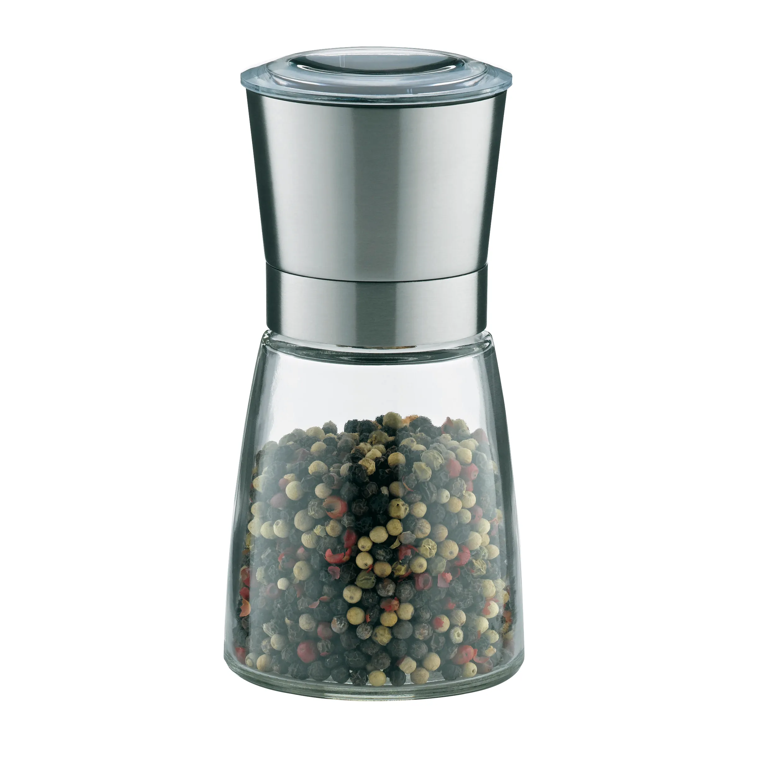 Moulin à Poivre Inoxydable avec Chambre en Verre Moulin à poivre au corps cylindrique en acier inoxydable et chambre en verre remplie de grains de poivre multicolores.
