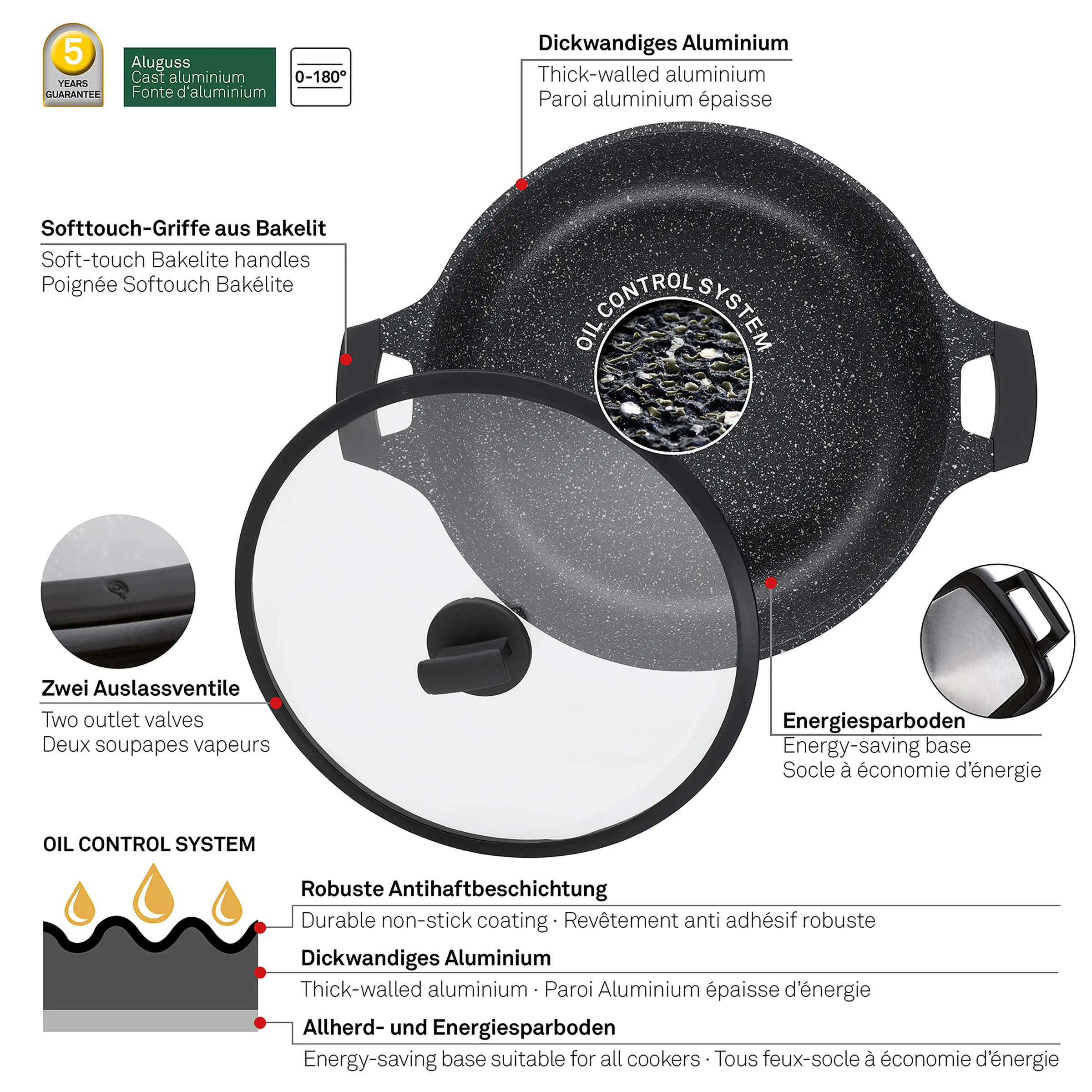 Cocotte-Minute Aluminium avec Socle Économe d'Énergie Cocotte-minute paroi épaisse en aluminium, poignées Softtouch, système de contrôle d'huile et socle économe en énergie - 5 ans