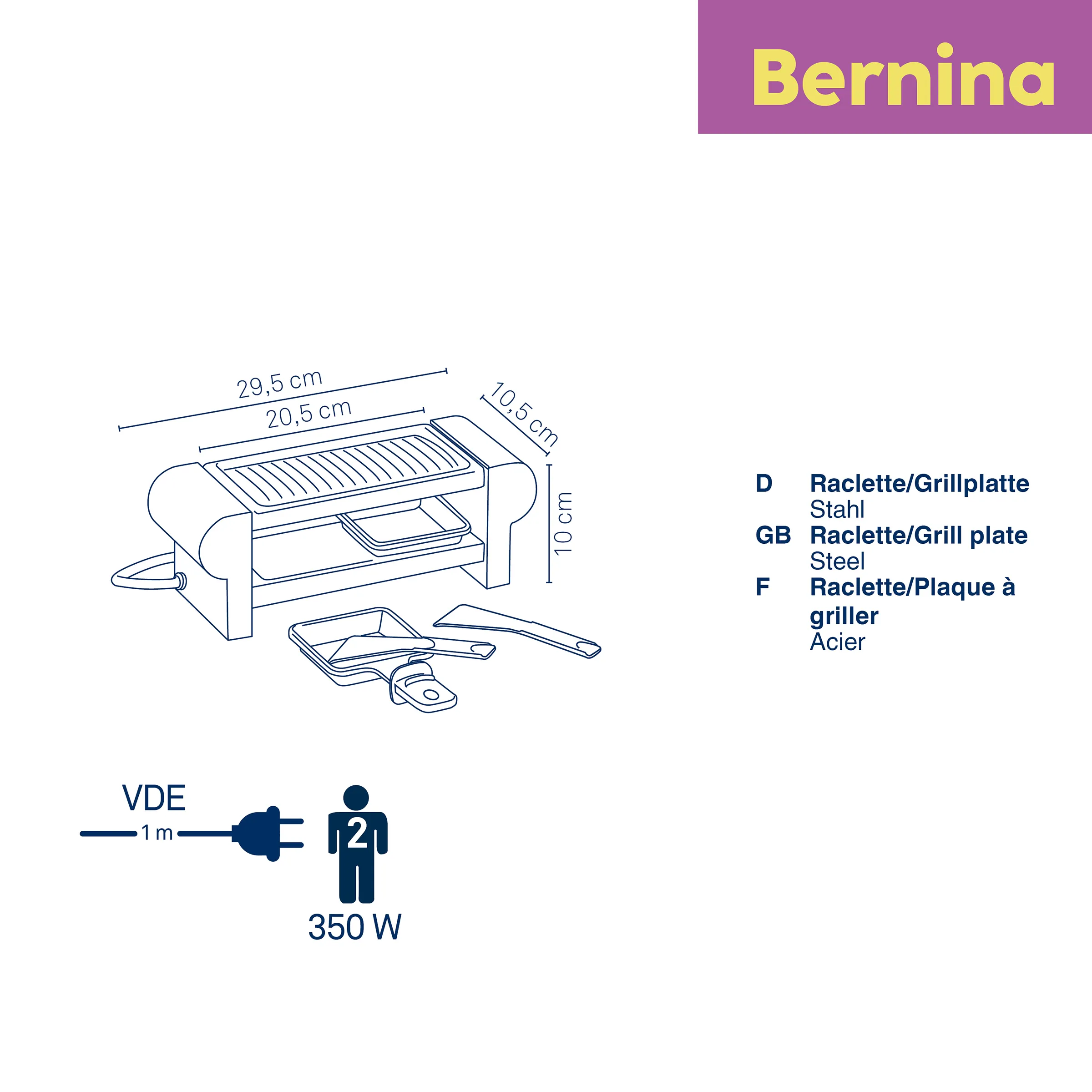 Bernina Raclette Grill Stahlplatte 350W Bernina Raclette-Grill mit Stahlplatte und Acierkelle, 350W, Maße 29,5x20,5x10,5cm, für 2 Personen