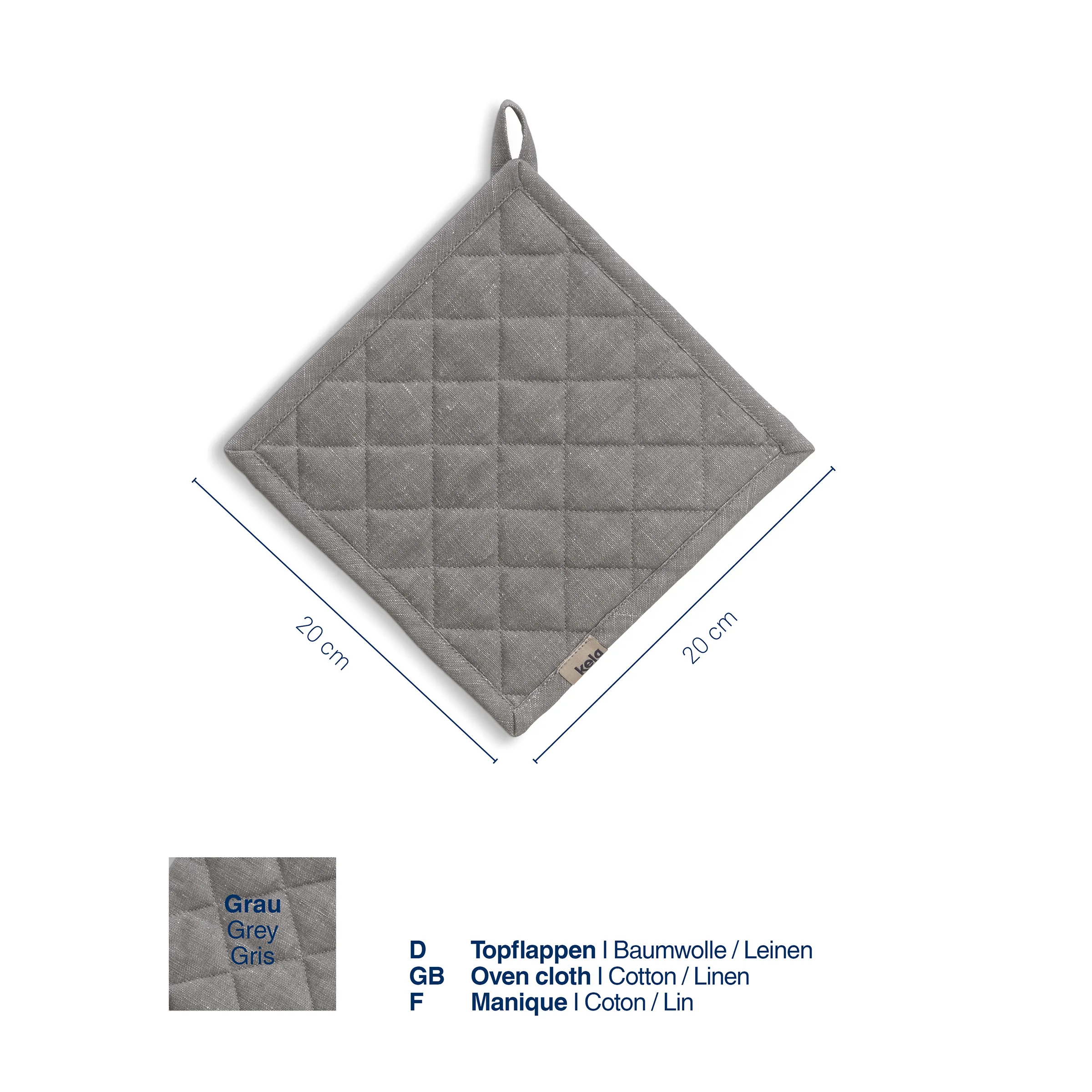 Graue gesteppte Topflappen aus Baumwolle und Leinen, quadratisch mit Aufhängeschlaufe, 20×20 cm