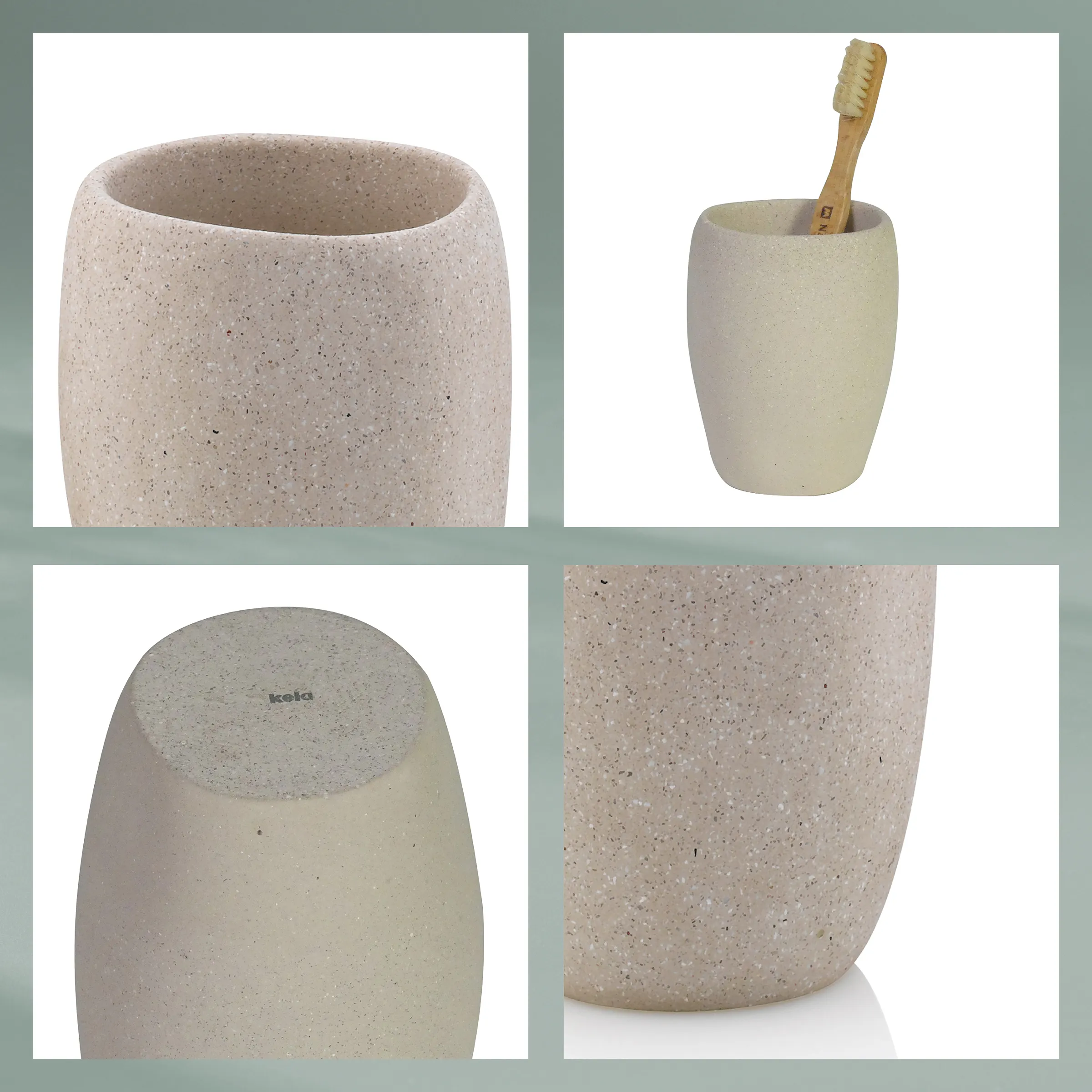 Zahnputzbecher Keramik beige - Badezimmer Zahnbürstenhalter Beiger Zahnputzbecher aus Keramik mit Sprenkeloptik, gezeigt mit Bambuszahnbürste und Detailansichten