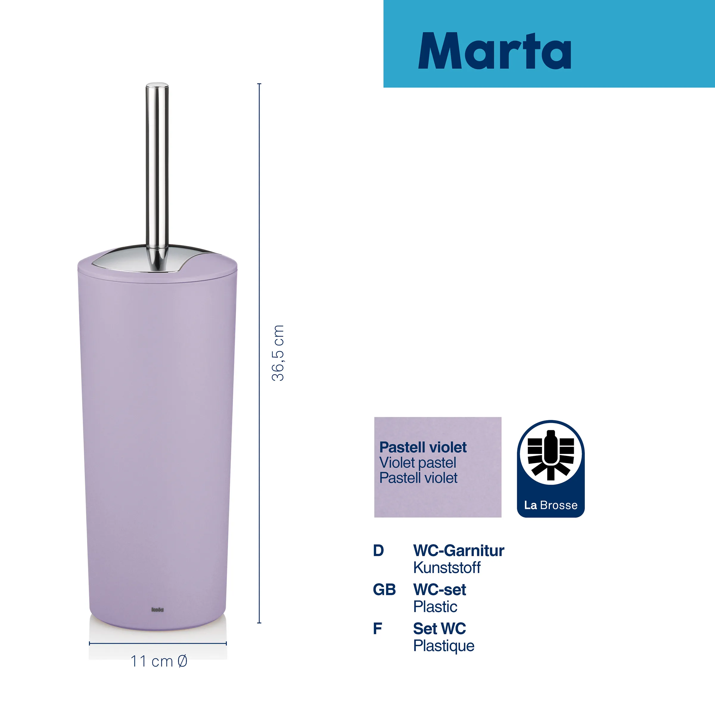 Marta WC-Bürste in Pastell Violett von La Brosse mit Kunststoff-Garnitur, 36,5 cm Höhe und 11 cm Durchmesser