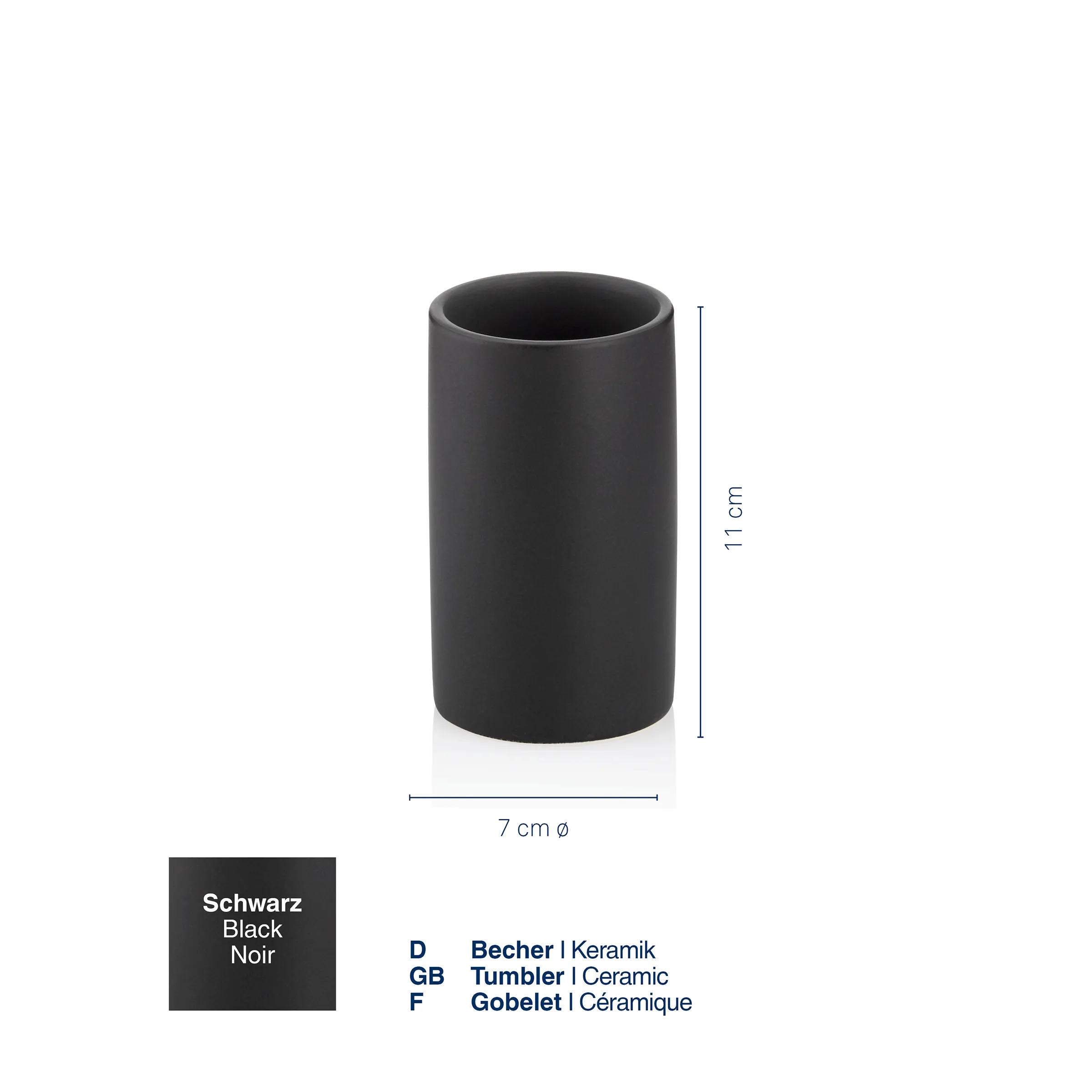 Schwarzer Keramik-Tumbler | Becher 7cm Durchmesser Schwarzer Keramik-Tumbler mit 7 cm Durchmesser und 11 cm Höhe auf weißem Hintergrund